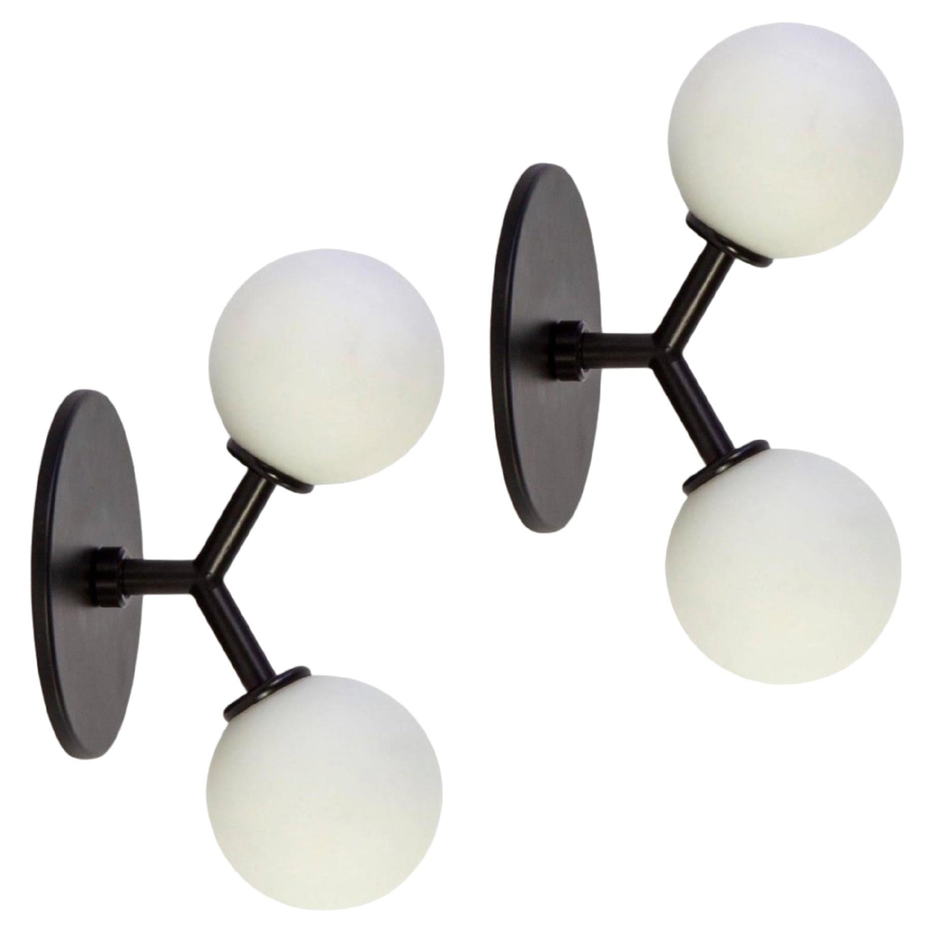 Pair of Y Sconces by Research.Lighting, Black, 3in Glass Globes, Made to Order