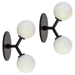 Pair of Y Sconces by Research.Lighting, Black, 3in Glass Globes, Made to Order