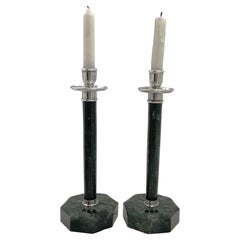 Antique Pair of Yamanaka Rare Spanish Jade and Sterling Silver Candlesticks