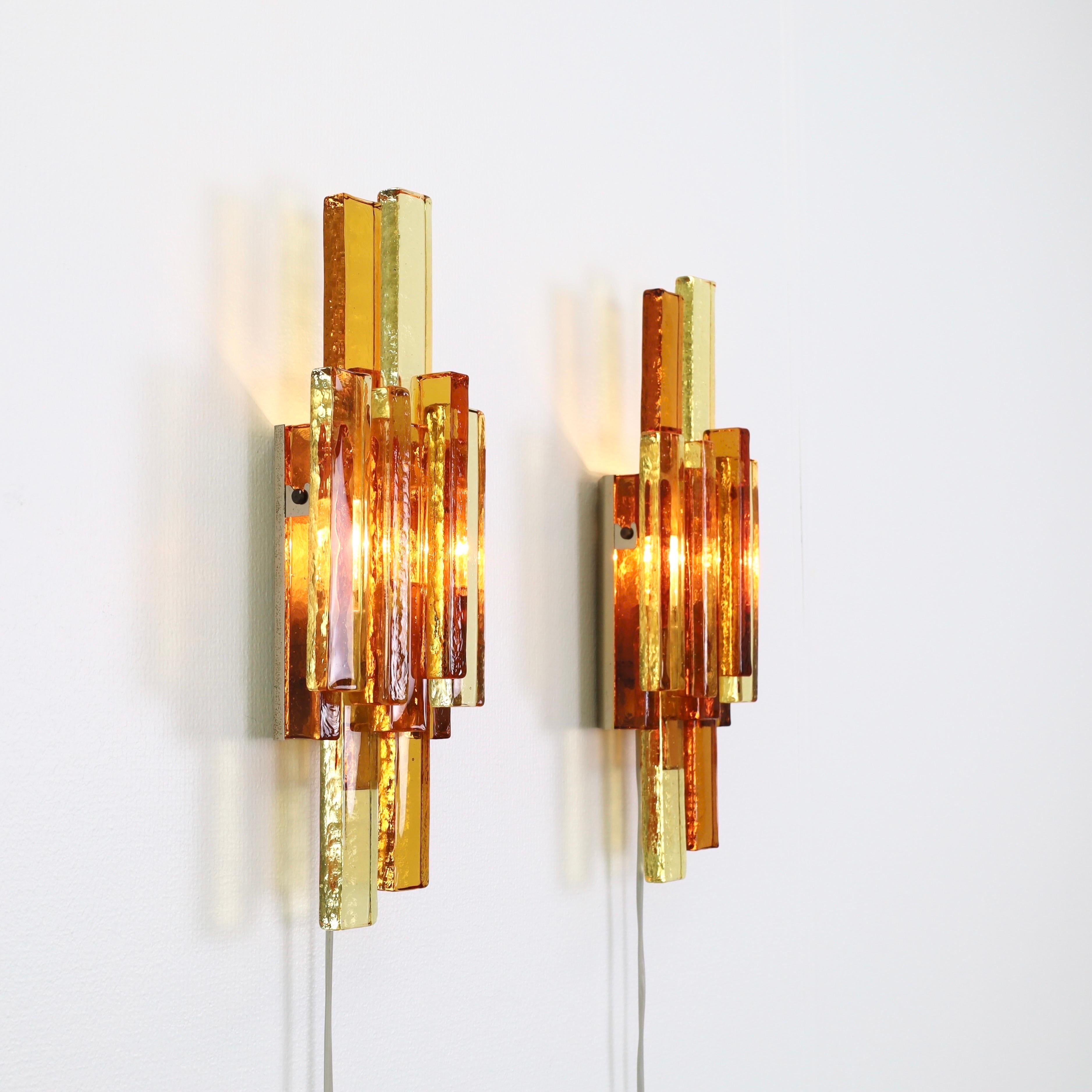 Danish Pair of Yellow and Amber Glass Wall Lamps by Holm Sørensen, 1960s, Denmark For Sale
