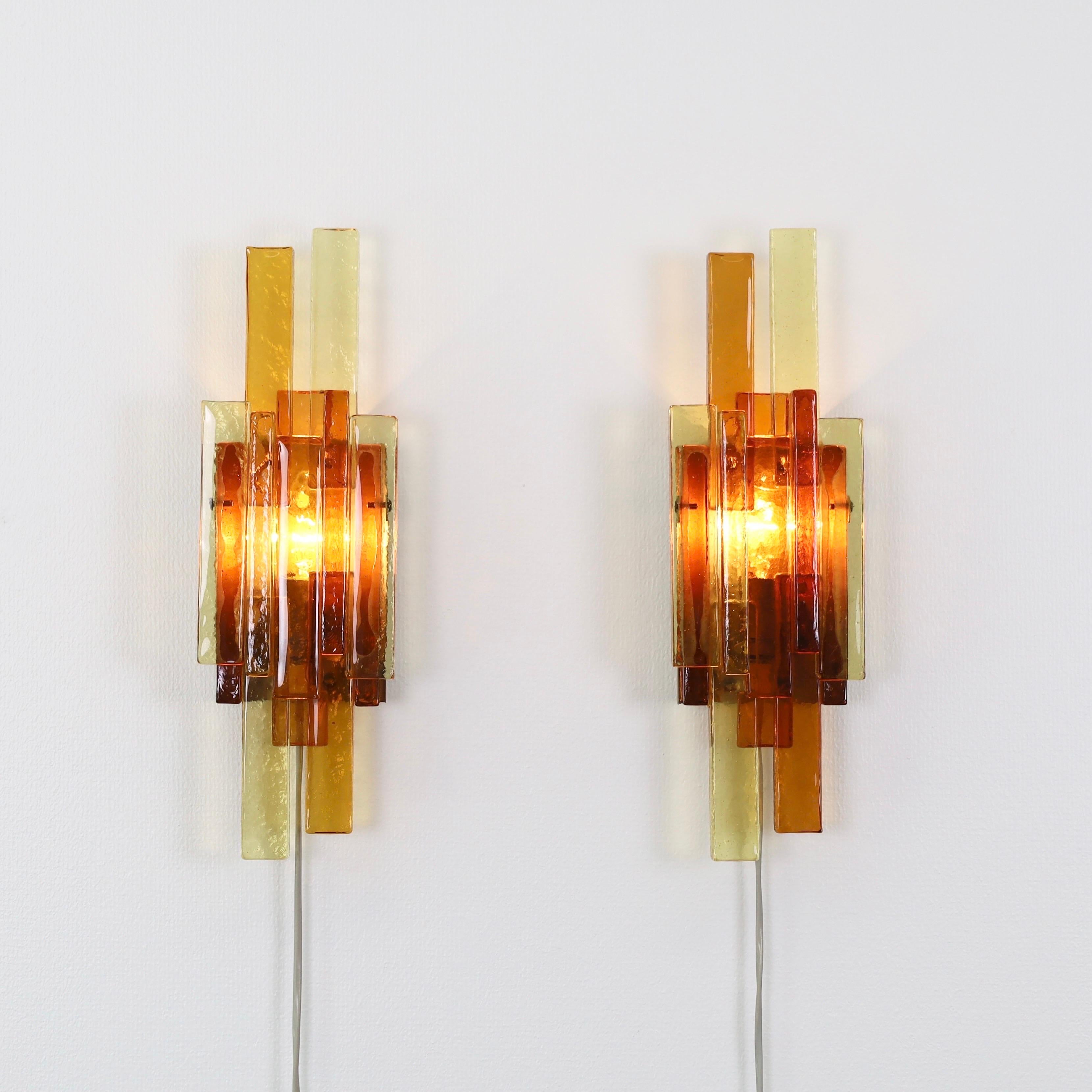 Mid-20th Century Pair of Yellow and Amber Glass Wall Lamps by Holm Sørensen, 1960s, Denmark For Sale