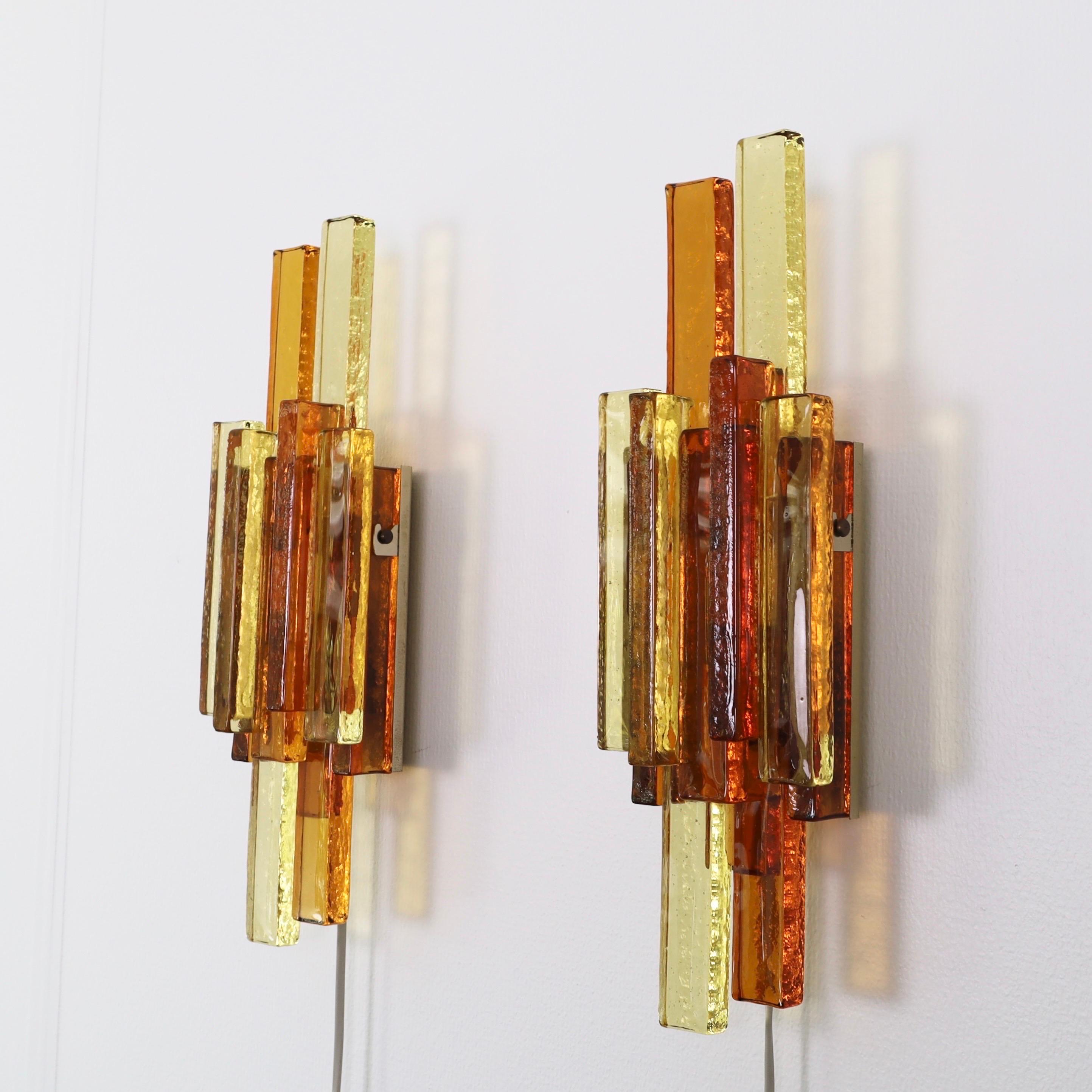 Metal Pair of Yellow and Amber Glass Wall Lamps by Holm Sørensen, 1960s, Denmark For Sale