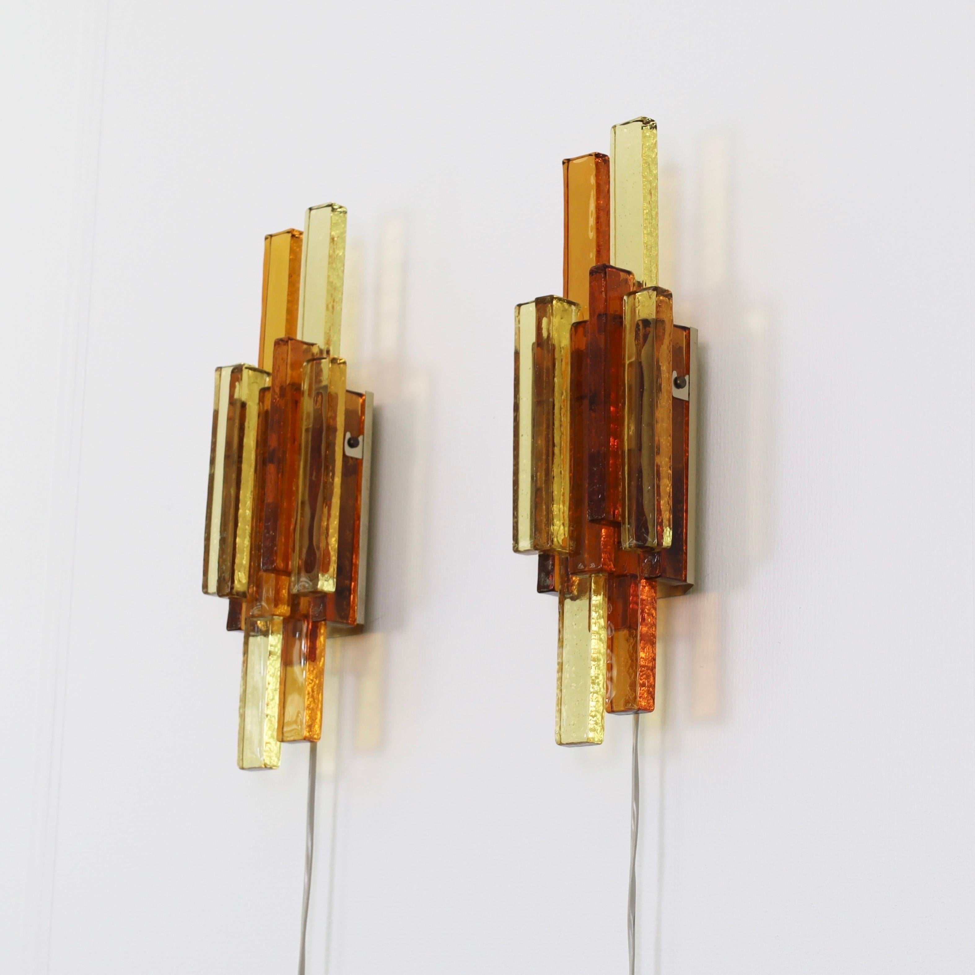Pair of Yellow and Amber Glass Wall Lamps by Holm Sørensen, 1960s, Denmark For Sale 2