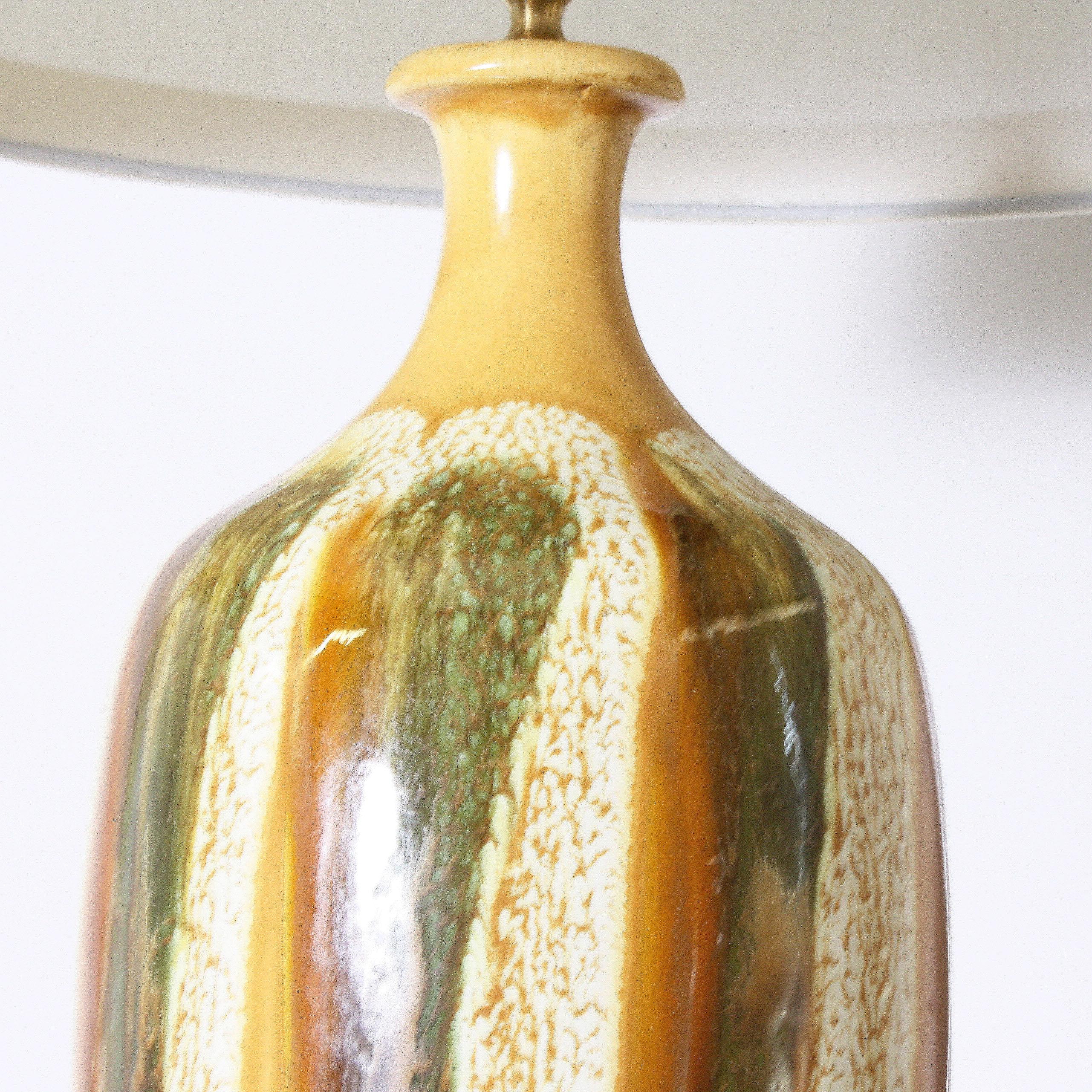 Pair of Yellow and Green Ceramic Drip Glaze Lamps, circa 1970 In Excellent Condition In Dallas, TX