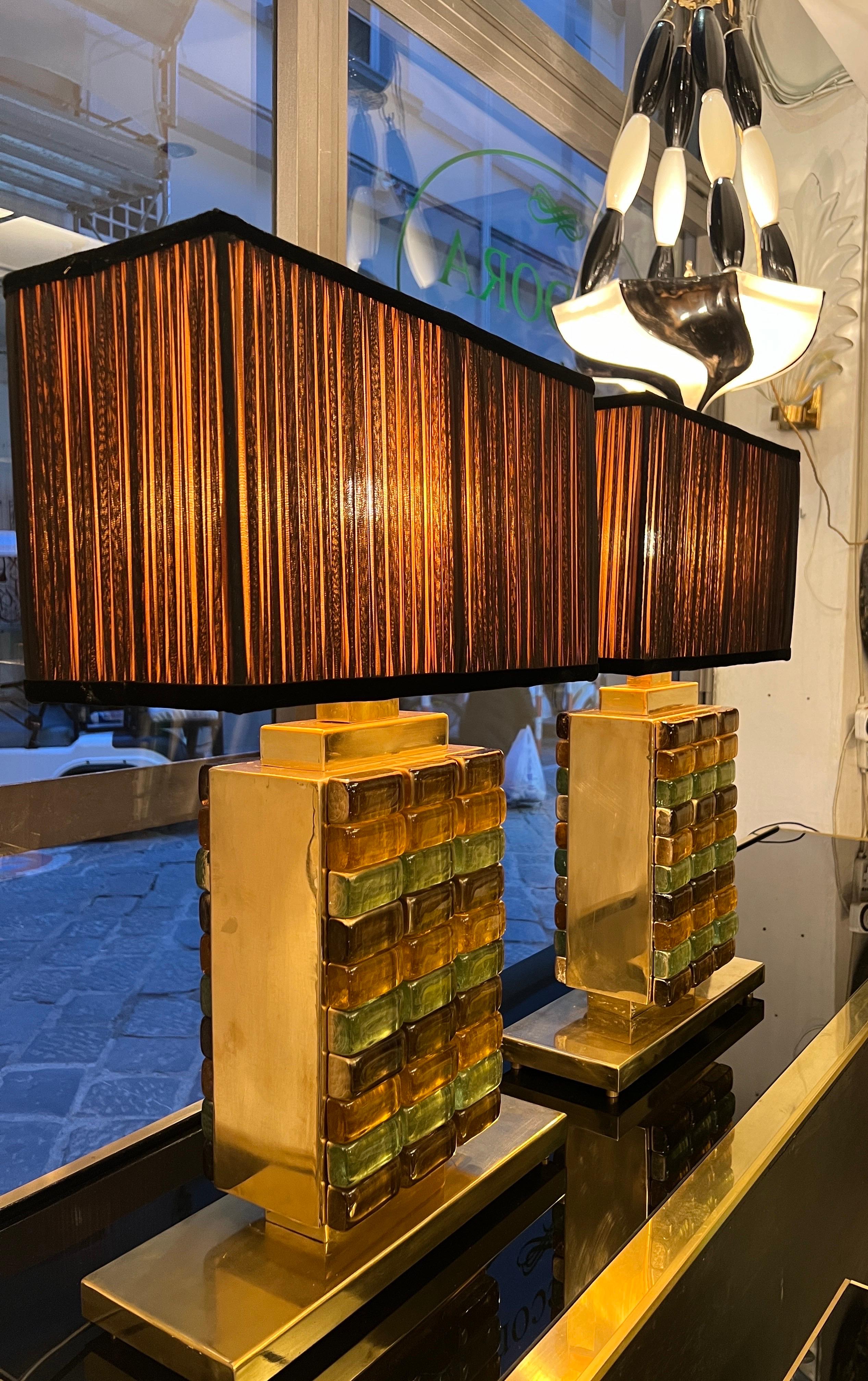 Paire de lampes de bureau en verre de Murano jaune et vert avec nos abat-jour des années 1970 Excellent état - En vente à Florence, IT