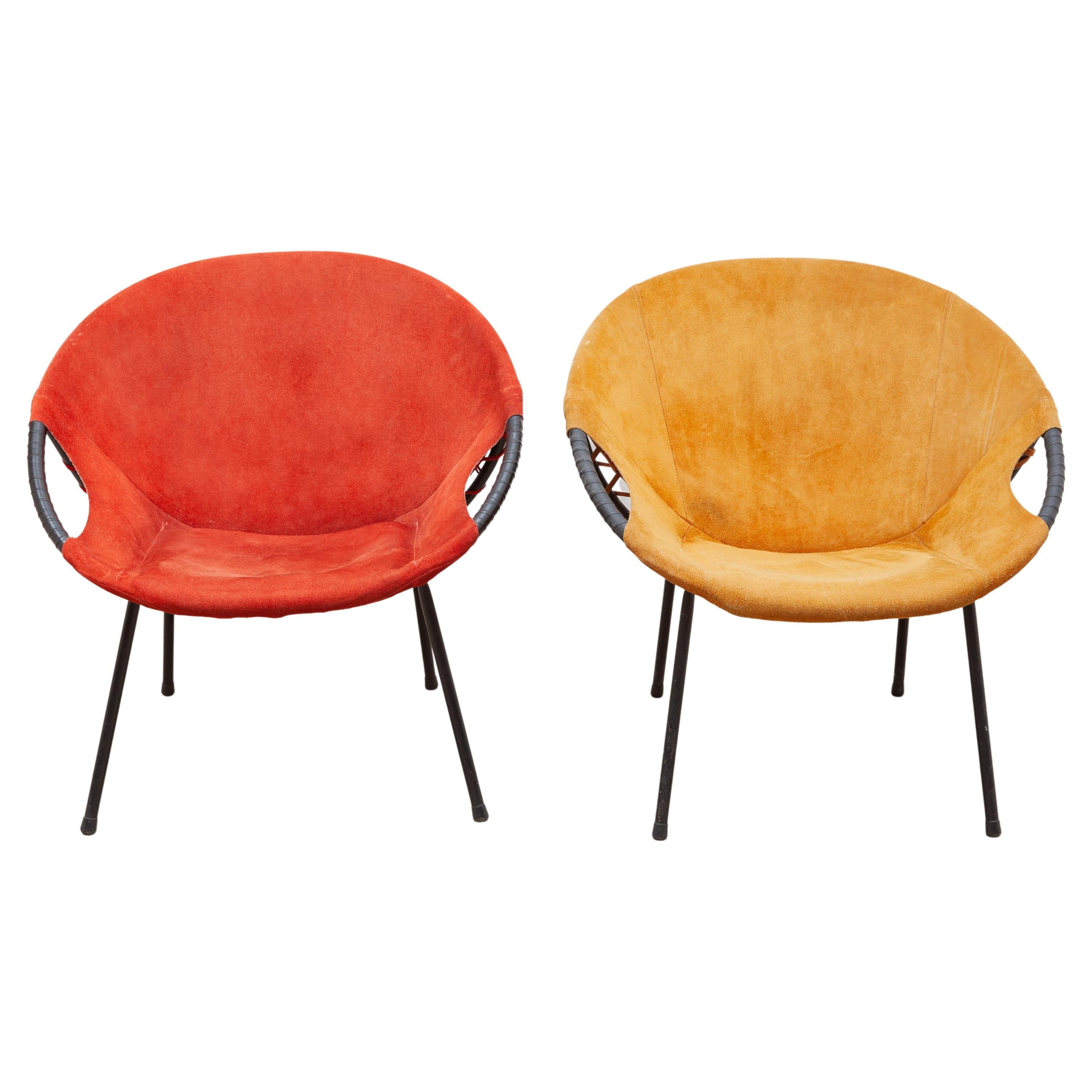 Pair of Yellow and Red Natural Suede Leather Lounge Fifties Chairs by Hans Olsen For Sale