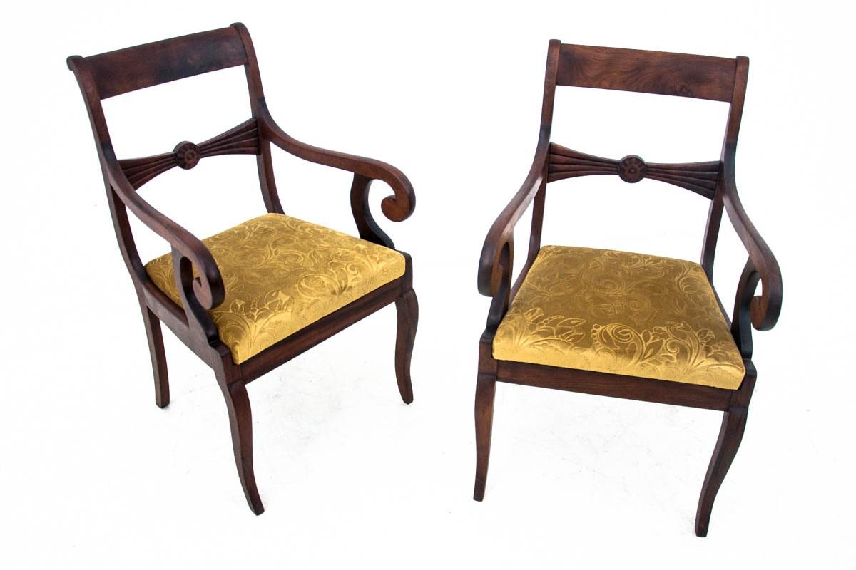 Antique armchairs from the turn of the 19th and 20th centuries. Furniture in very good condition, after professional renovation, upholstered with new fabric.

Dimensions: Height 93 cm, height of the seat 45 cm, width 57 cm, depth 58 cm.