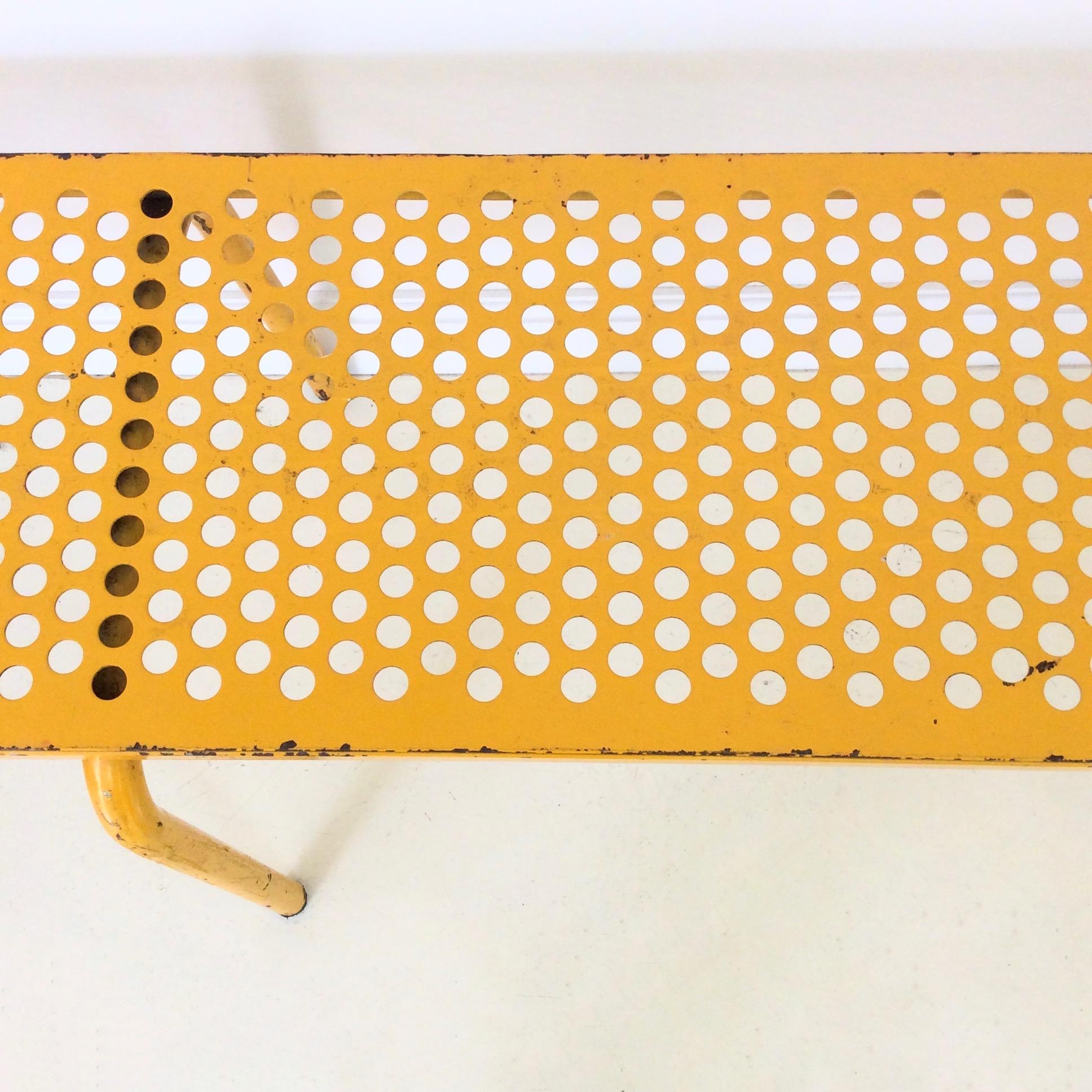 Pair of nice yellow benches, attributed to René Malaval, circa 1950, France.
Perforated metal and tubular steel.
 