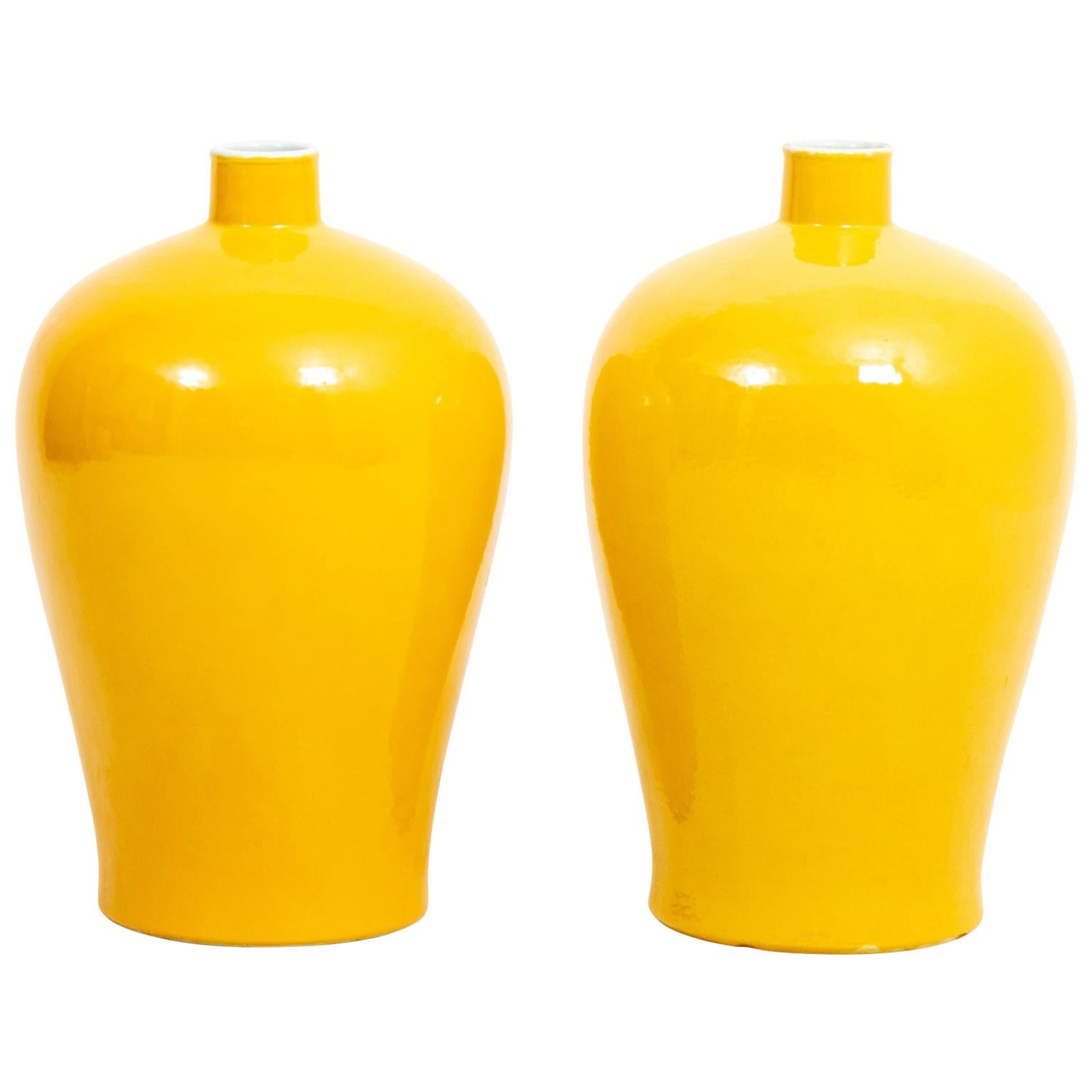 Pair of Yellow Bottle Neck Vases