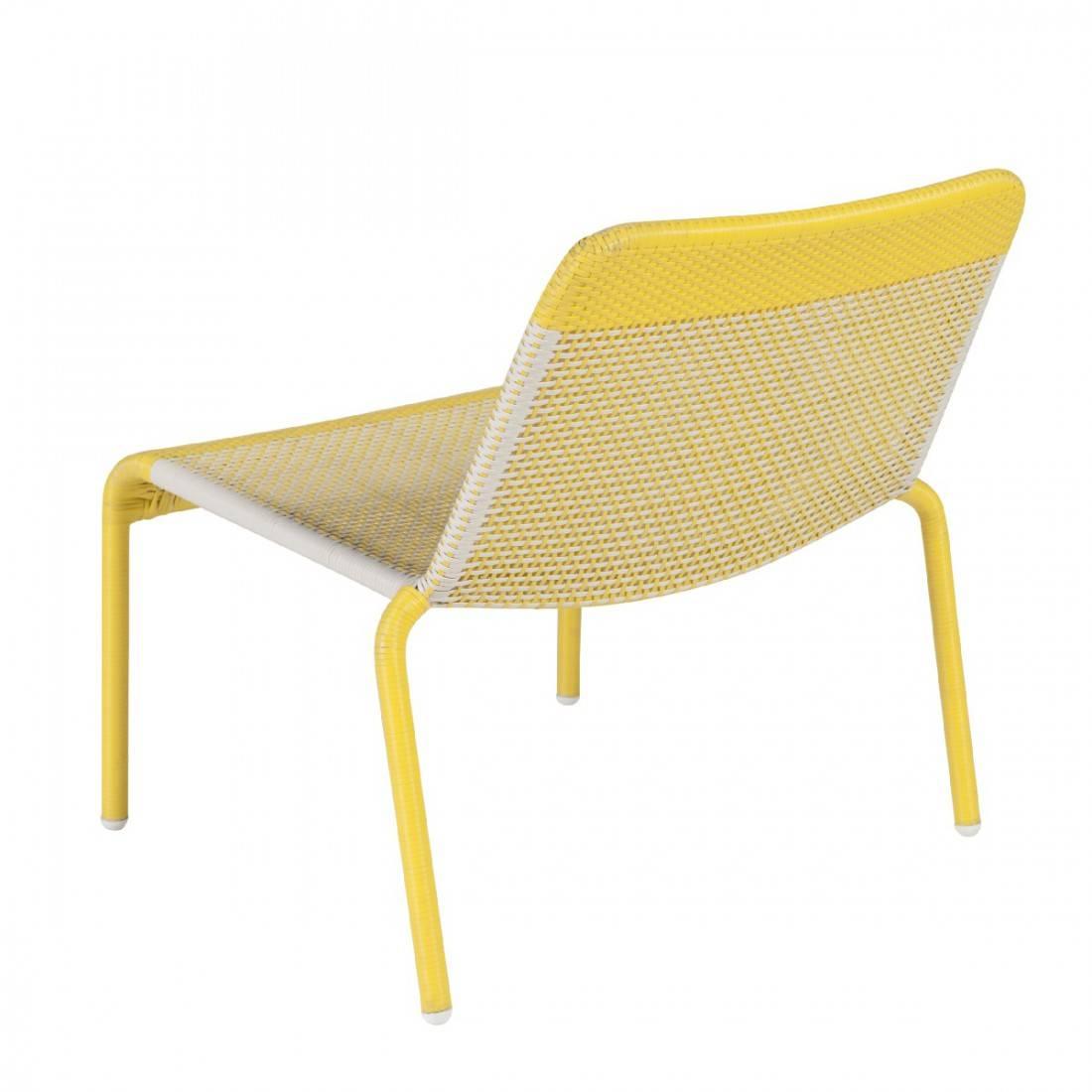 Pair of yellow braided resin lounge armchairs indoor/outdoor. They will be perfect on your terrace, in your veranda, your winter garden, even around the swimming pool! French design and Retro style, practical (stackable!) Never used.