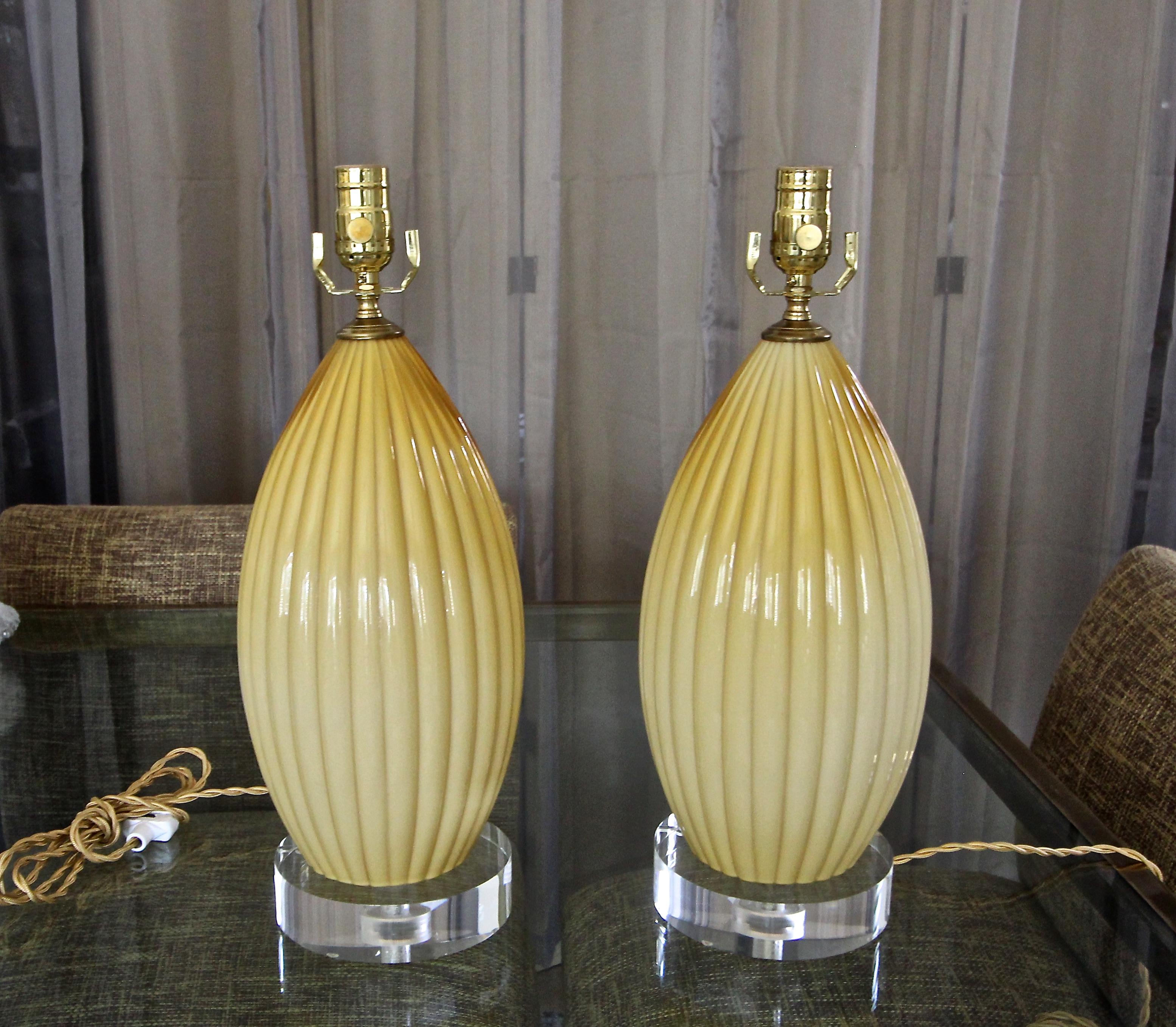 Italian Pair of Yellow Butterscotch Cased Murano Glass Table Lamps