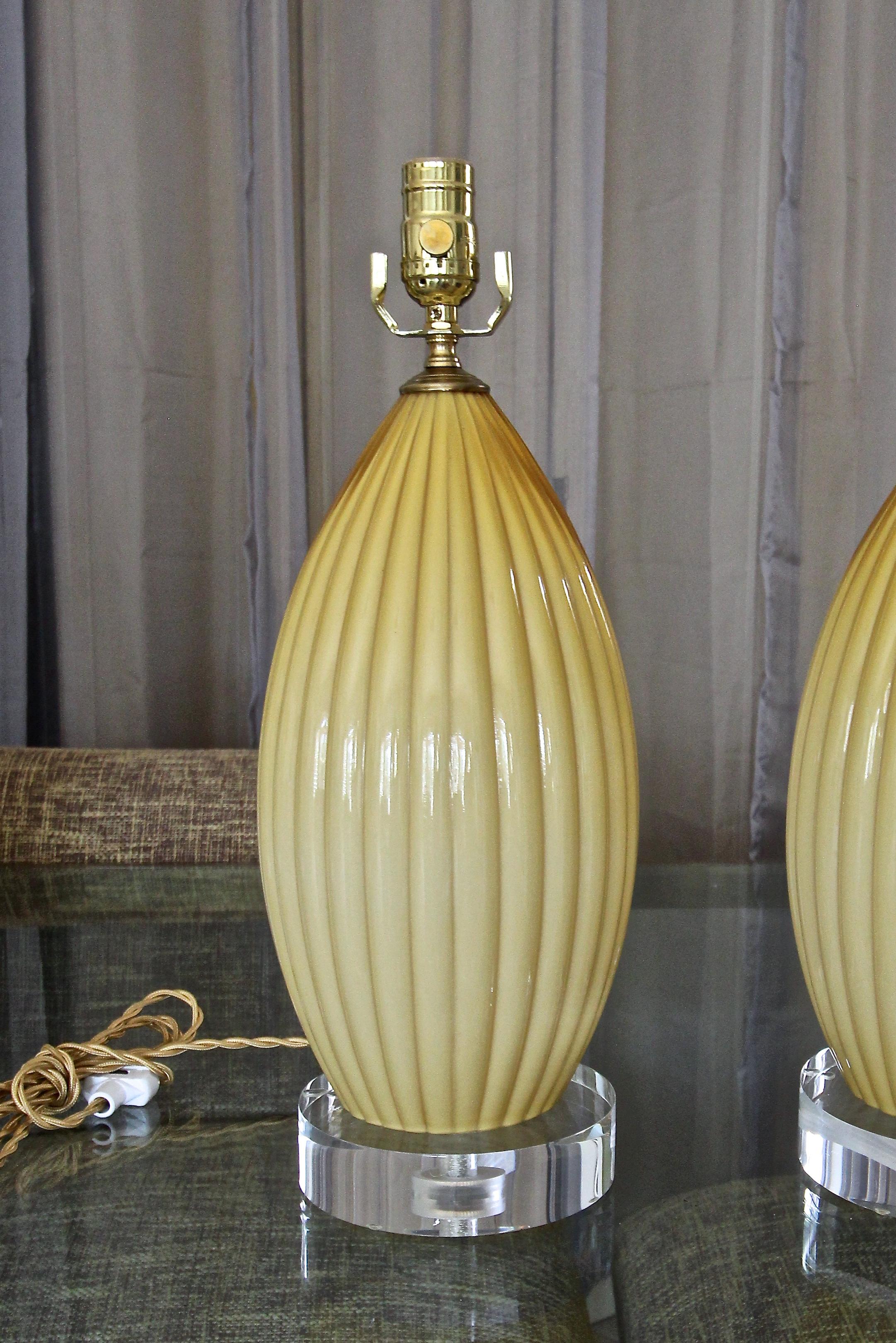 Mid-20th Century Pair of Yellow Butterscotch Cased Murano Glass Table Lamps