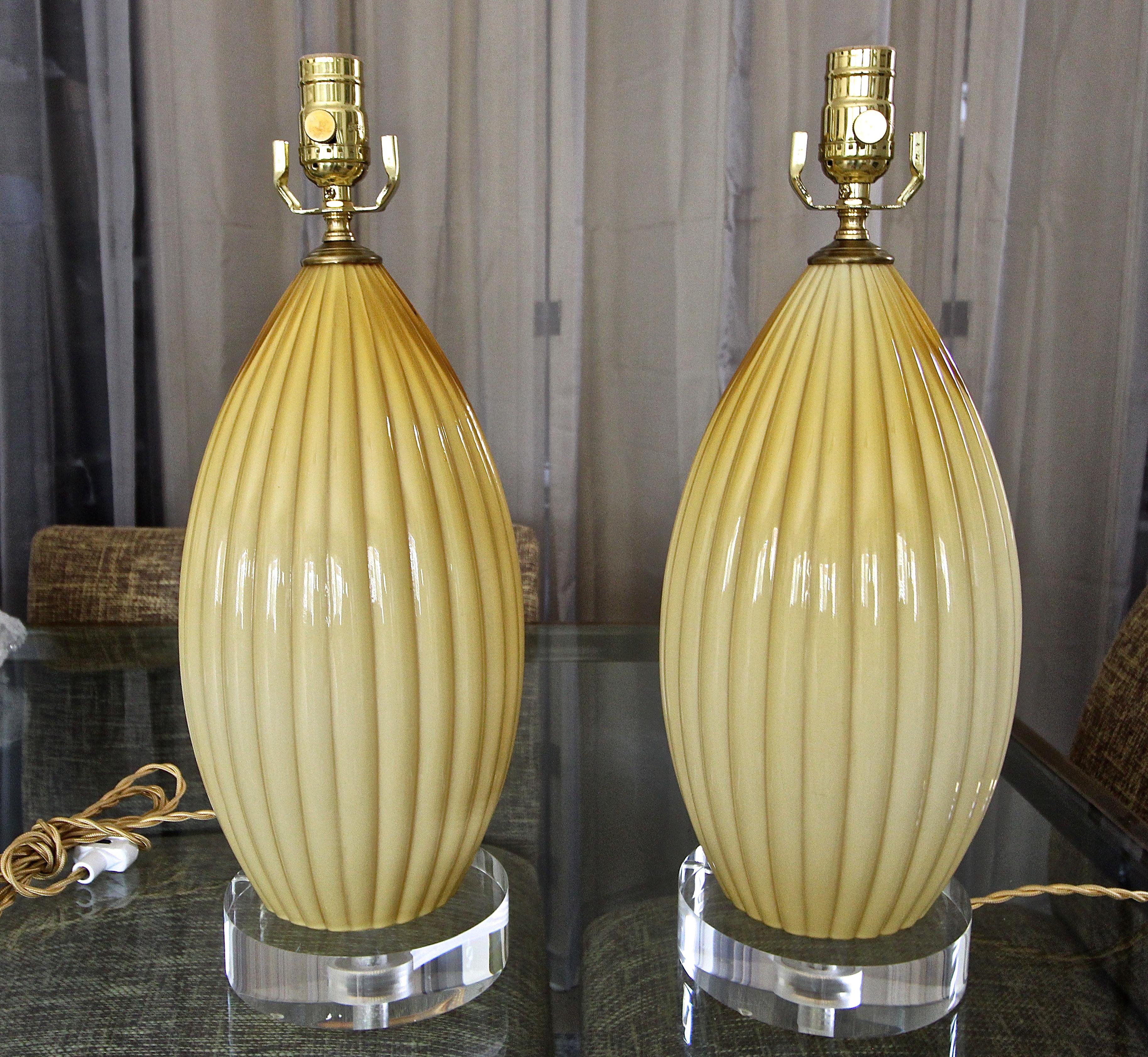 Brass Pair of Yellow Butterscotch Cased Murano Glass Table Lamps