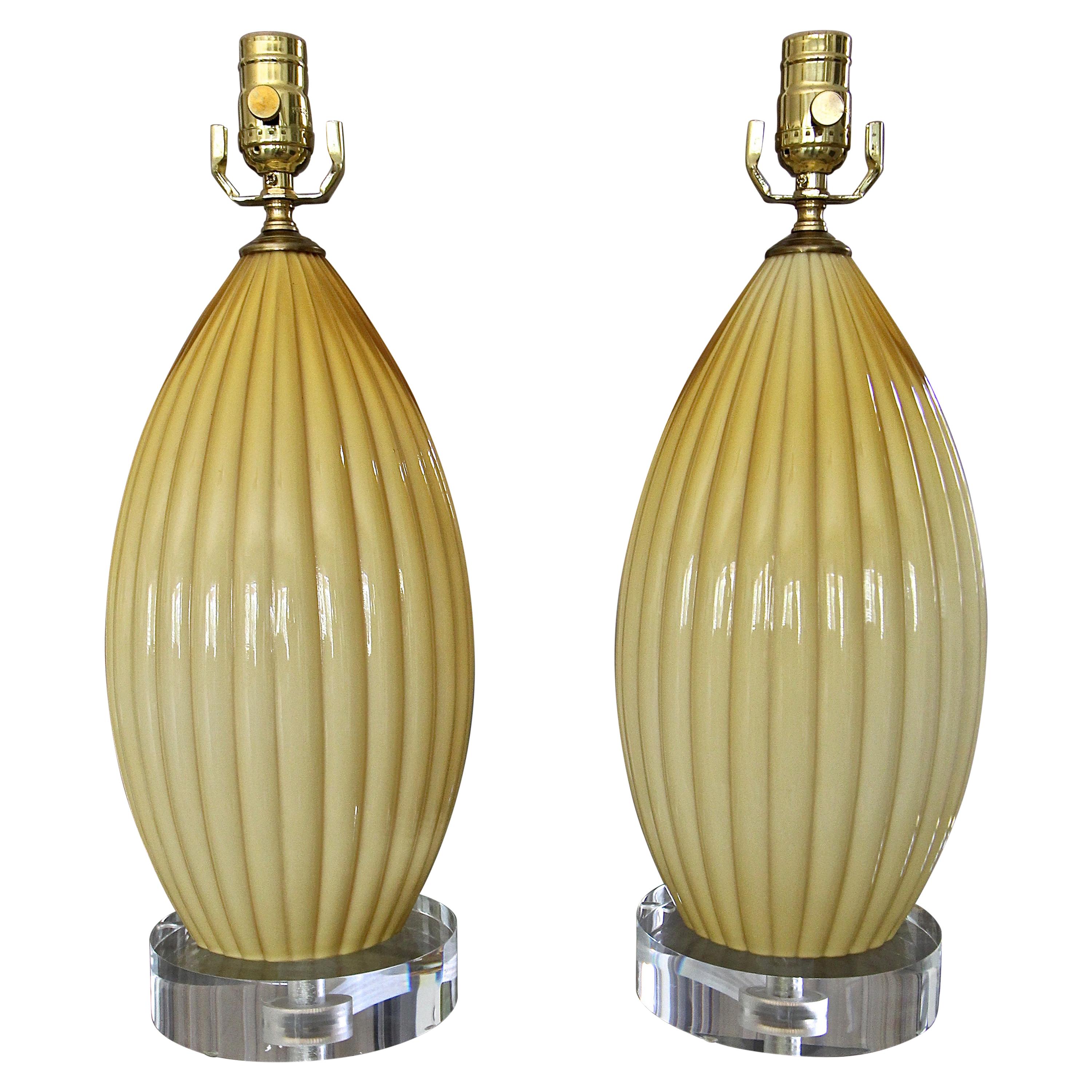 Pair of Yellow Butterscotch Cased Murano Glass Table Lamps