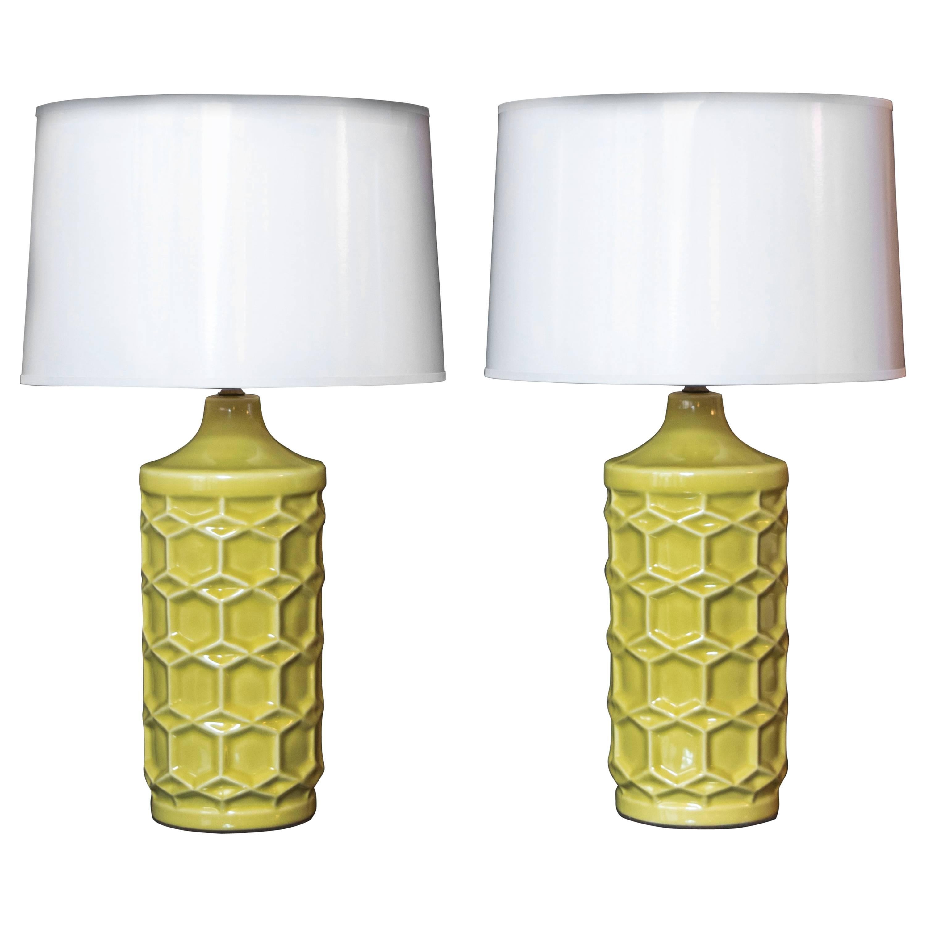 Pair of Yellow Ceramic Honeycomb Lamps For Sale