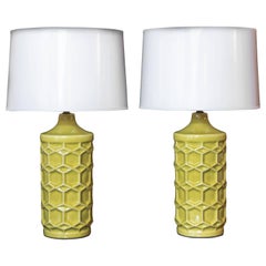 Pair of Yellow Ceramic Honeycomb Lamps