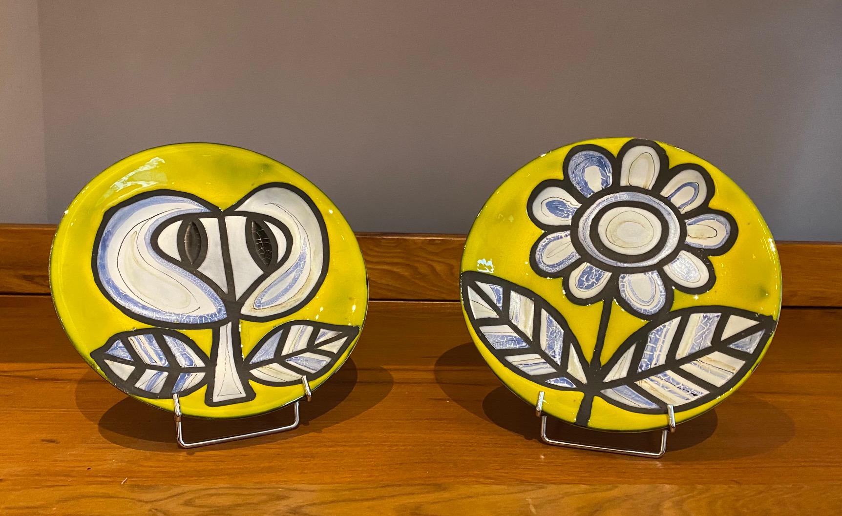 Pair of Yellow Ceramic Plates Signed Roger Capron Vallauris, 1958 1