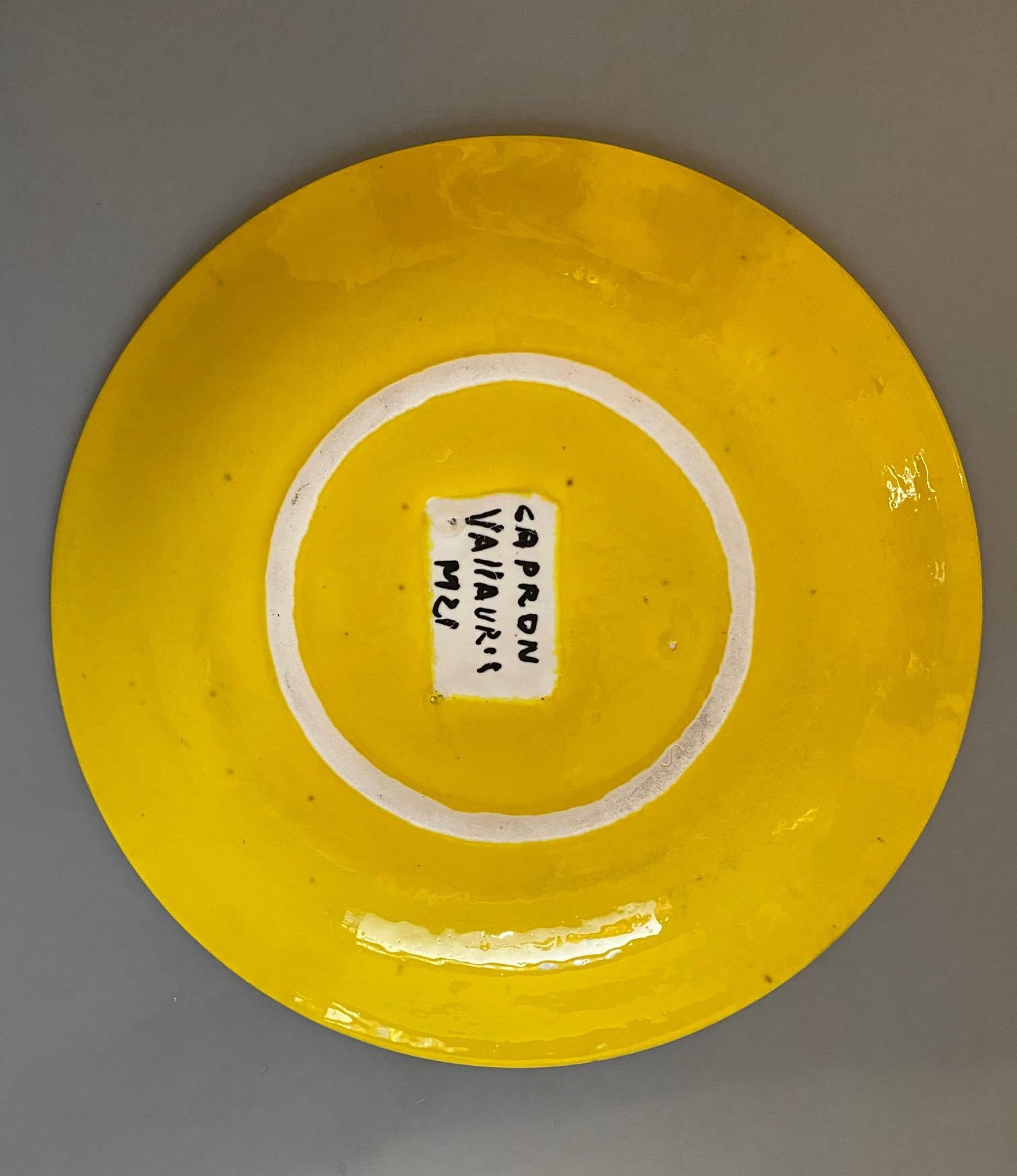 Pair of Yellow Ceramic Plates Signed Roger Capron Vallauris, 1958 3