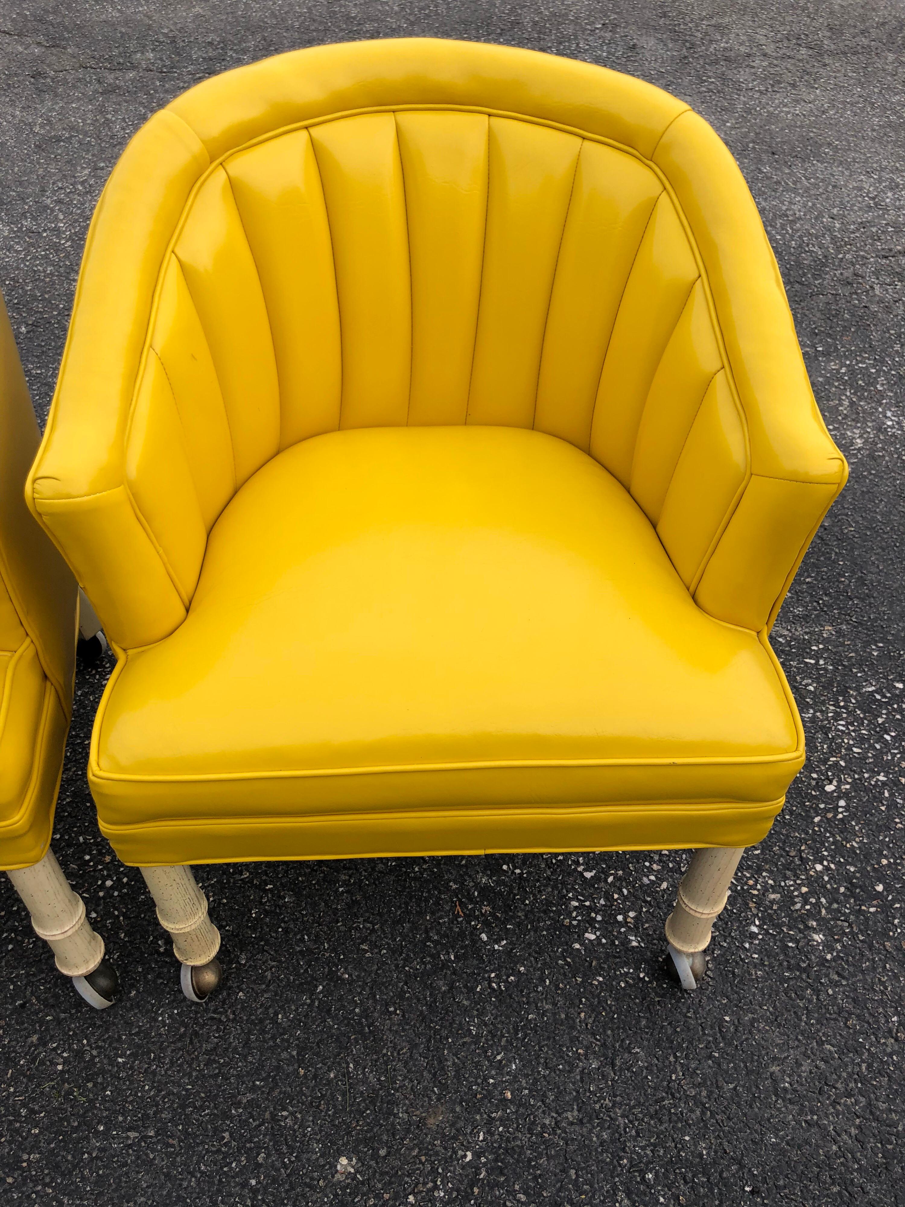 Pair of Bright Yellow Channel Back Chairs on Castors 1