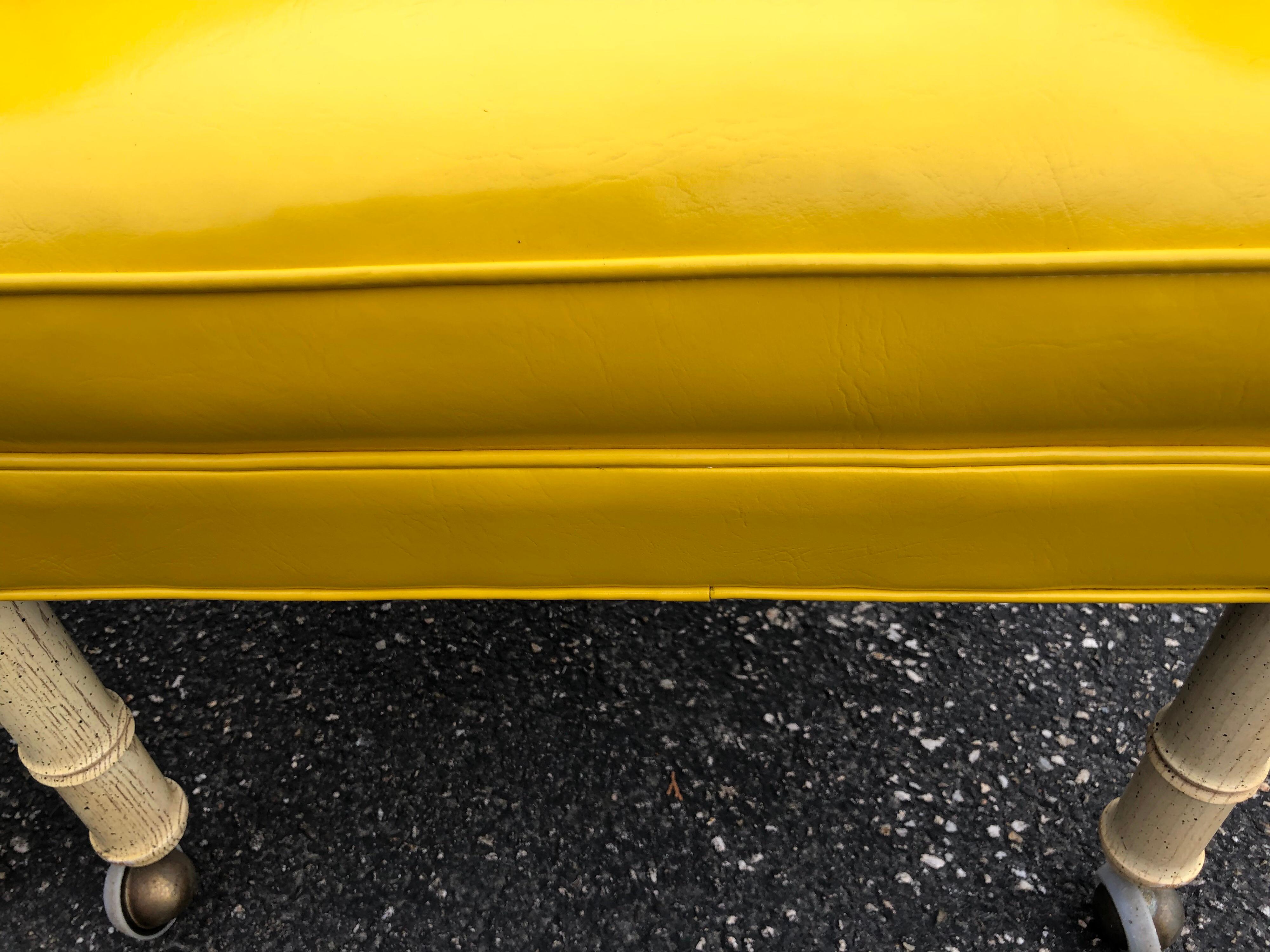 Pair of Bright Yellow Channel Back Chairs on Castors 4