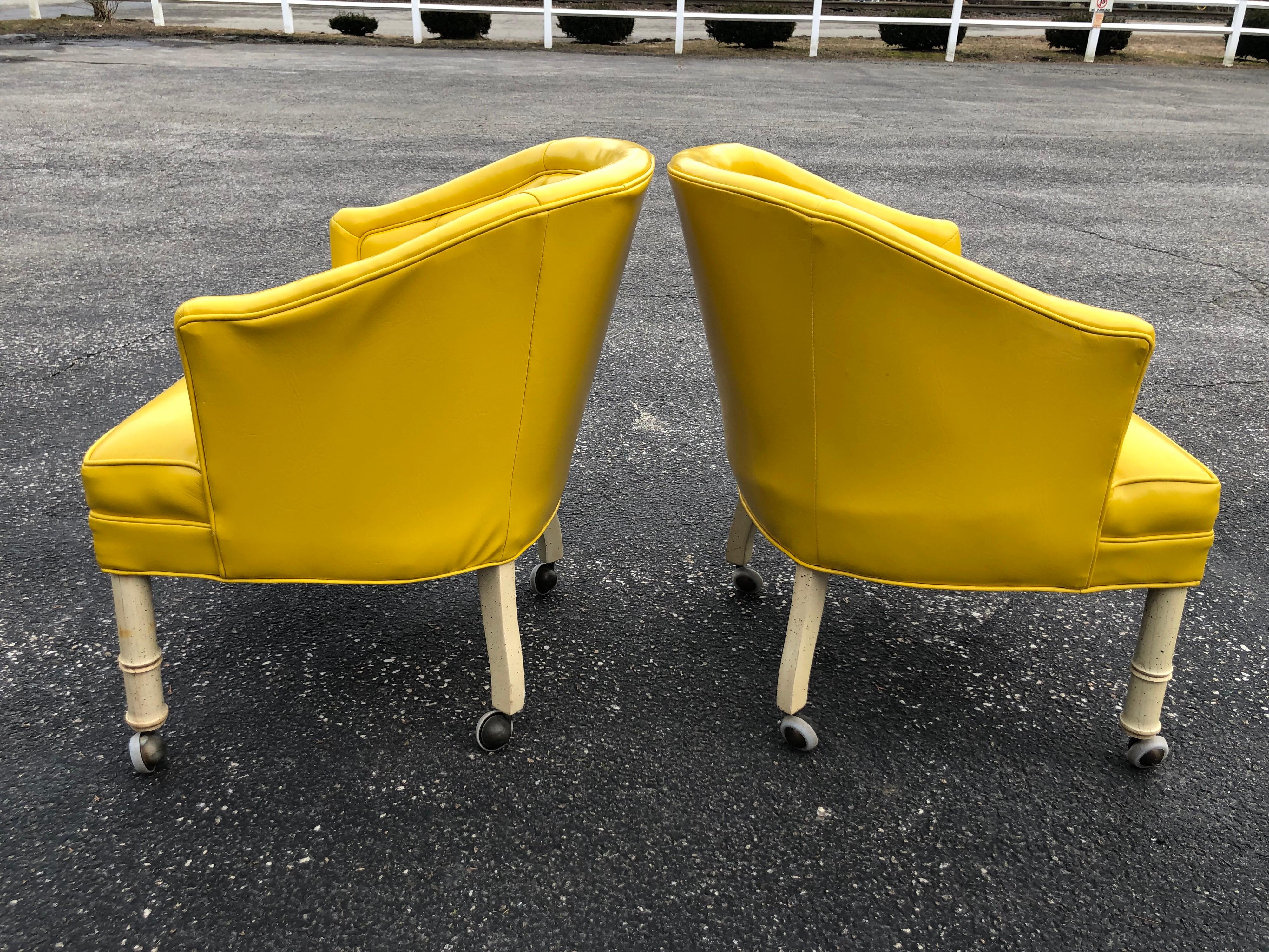 Pair of Bright Yellow Channel Back Chairs on Castors 5