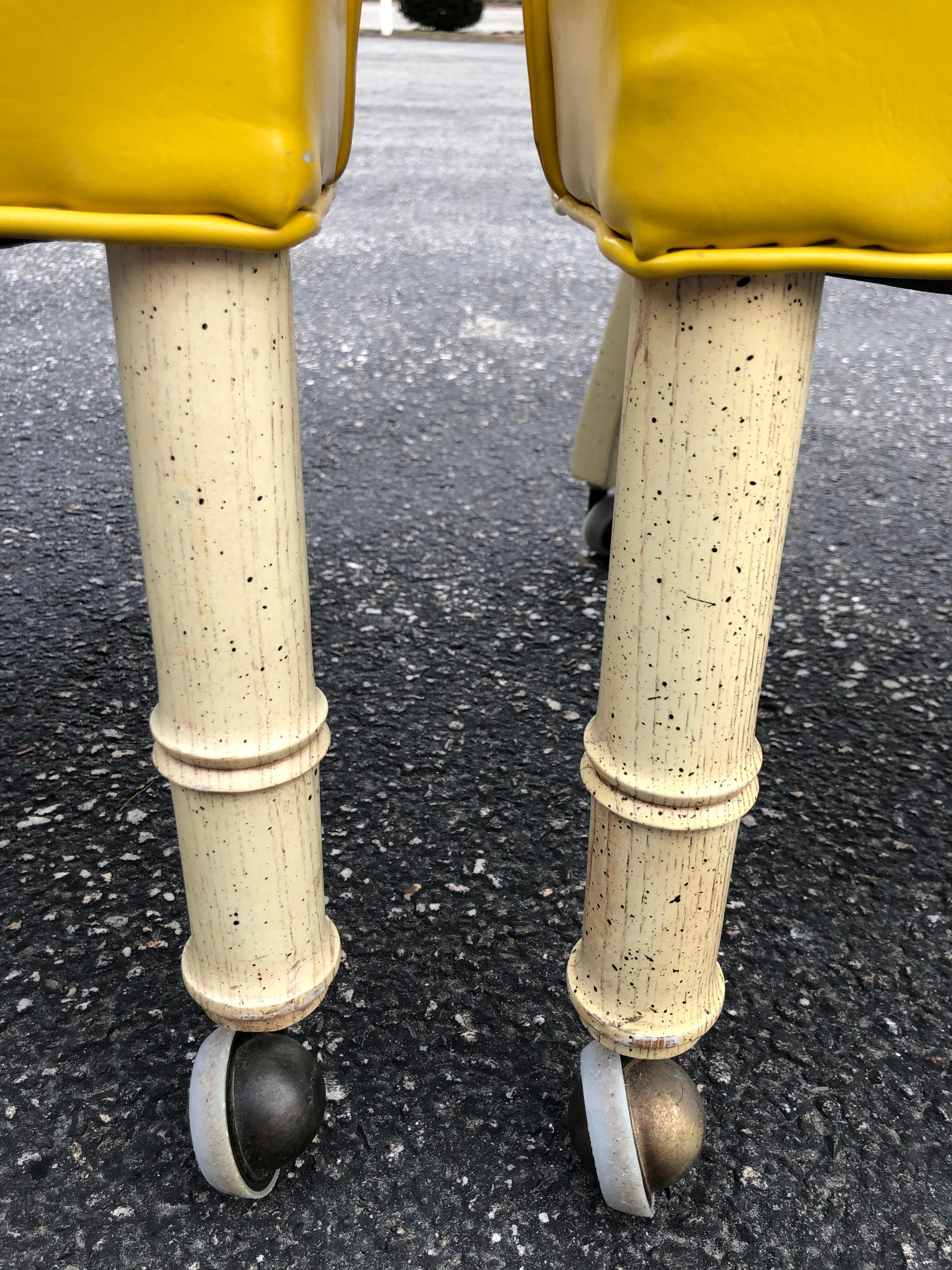 Pair of Bright Yellow Channel Back Chairs on Castors 6