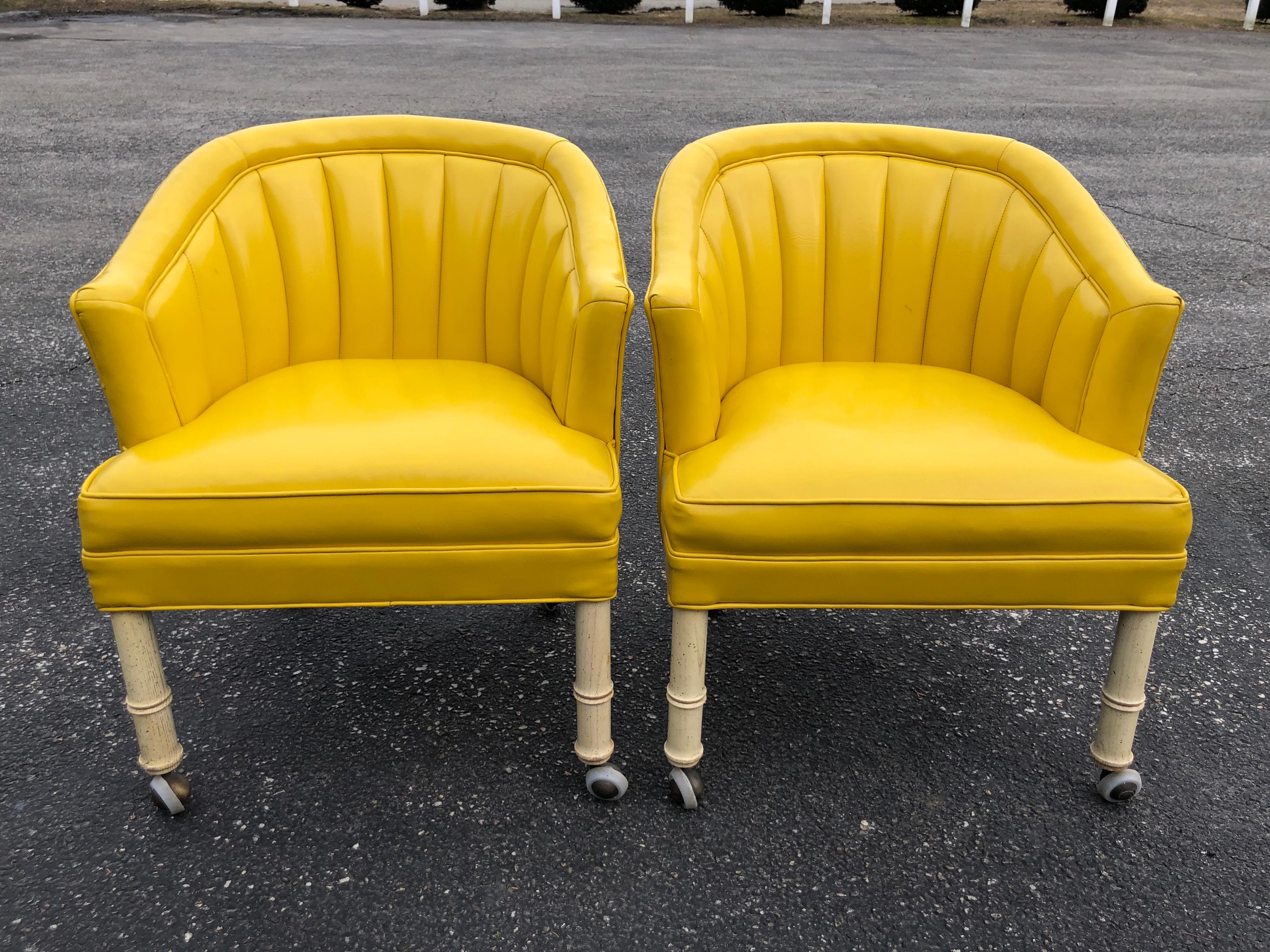 Pair of Bright Yellow Channel Back Chairs on Castors 7