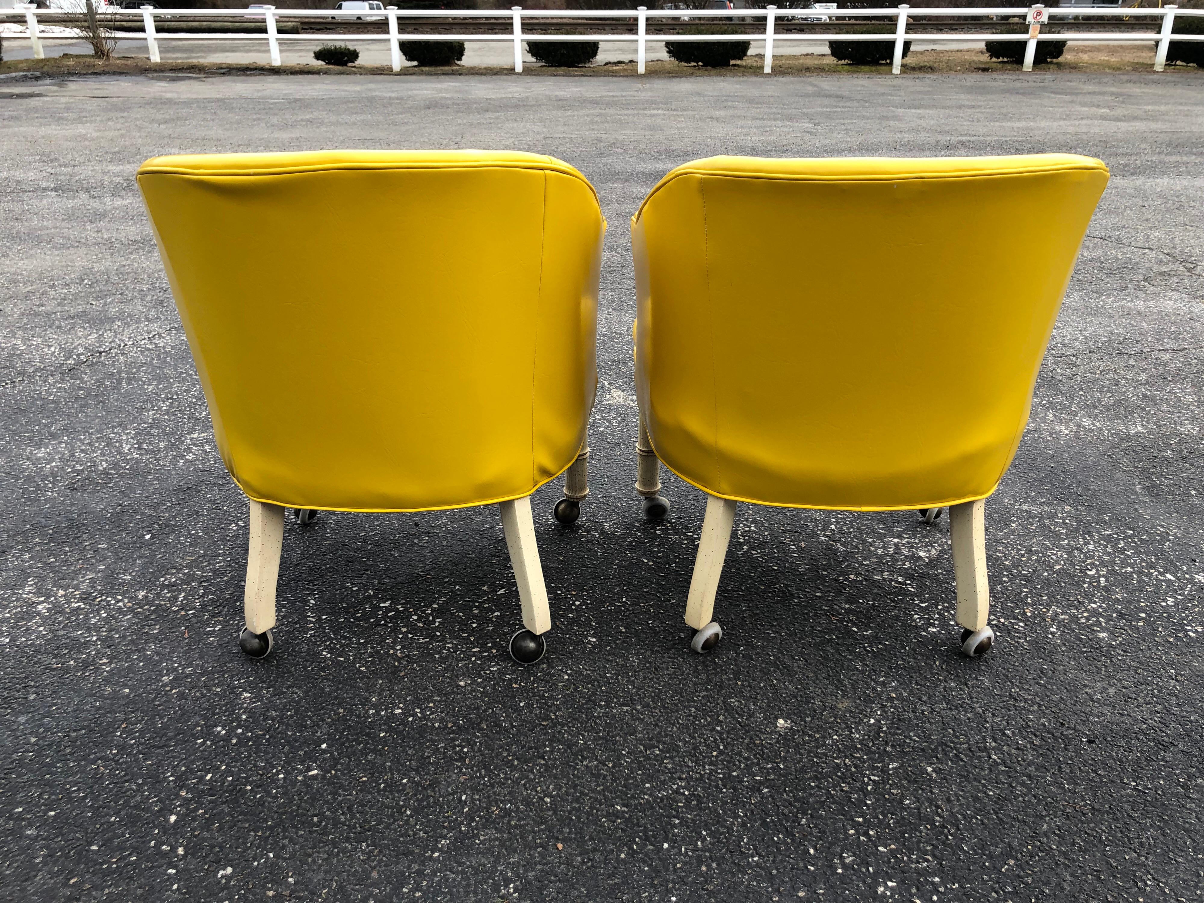 Pair of Bright Yellow Channel Back Chairs on Castors 8