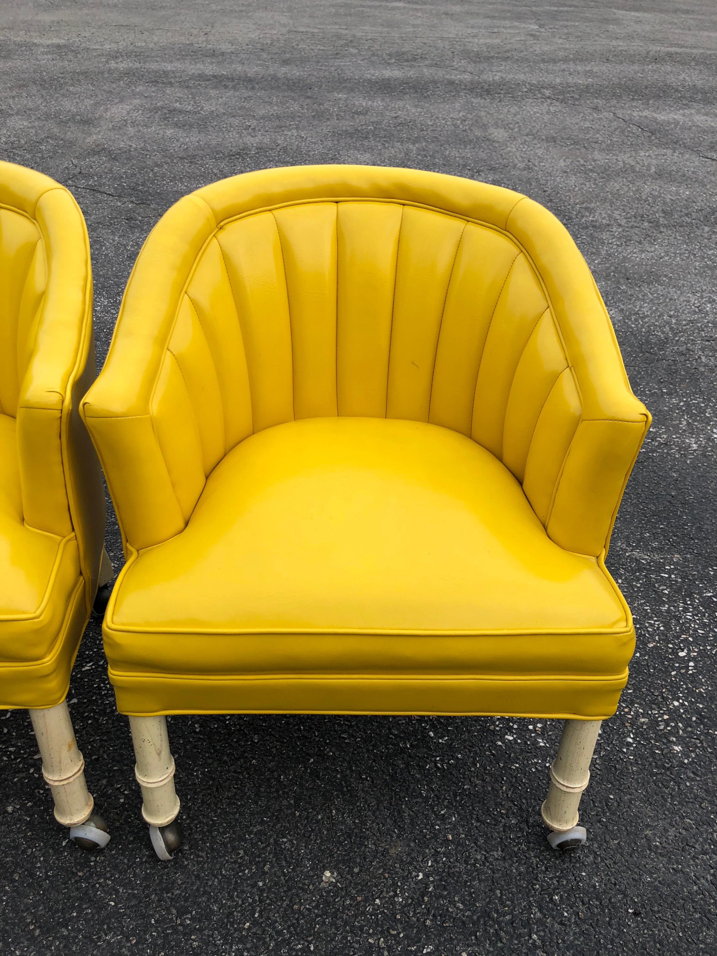 Pair of Bright Yellow Channel Back Chairs on Castors 9