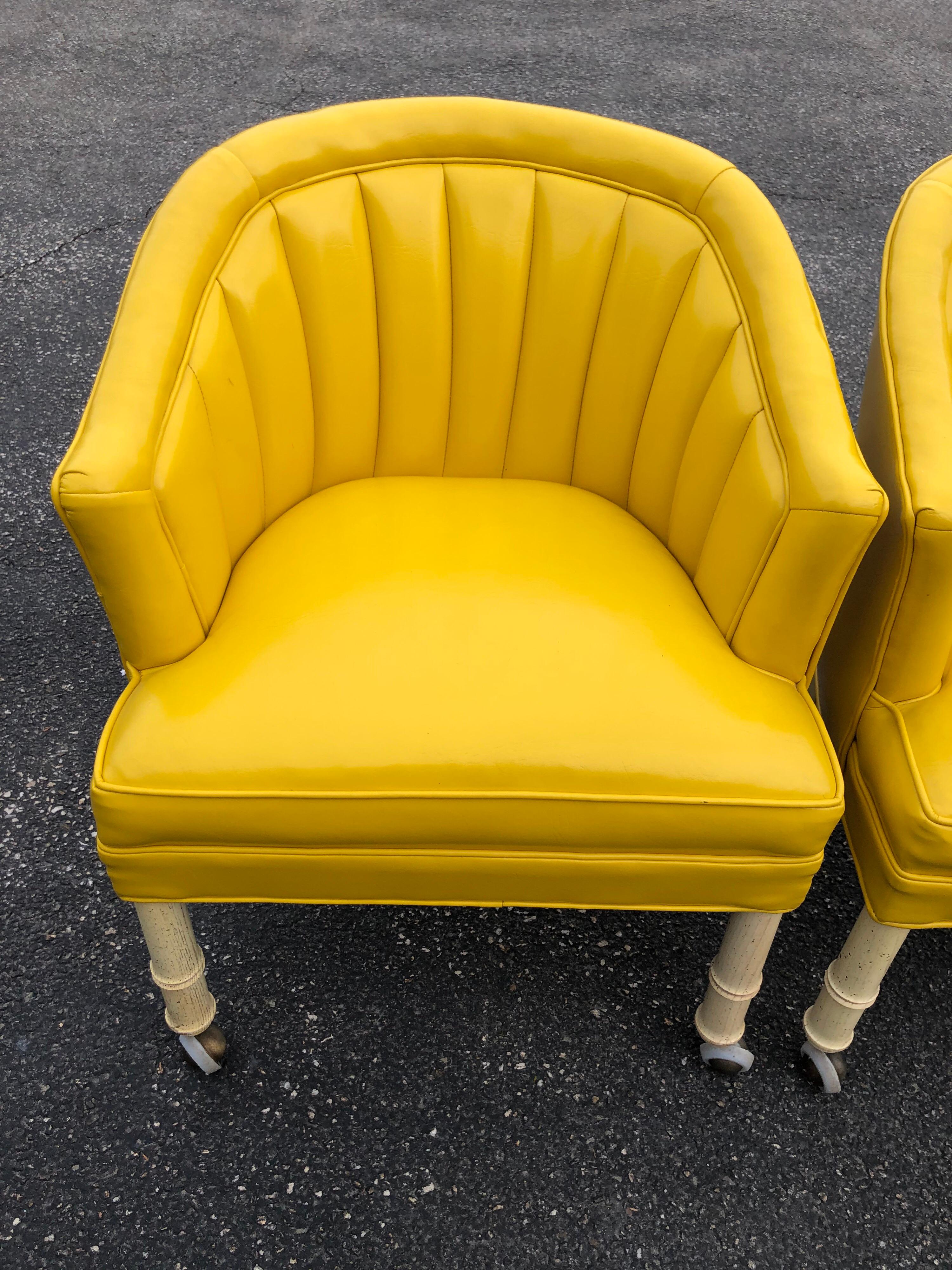 Pair of Bright Yellow Channel Back Chairs on Castors 10