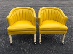 Pair of Bright Yellow Channel Back Chairs on Castors