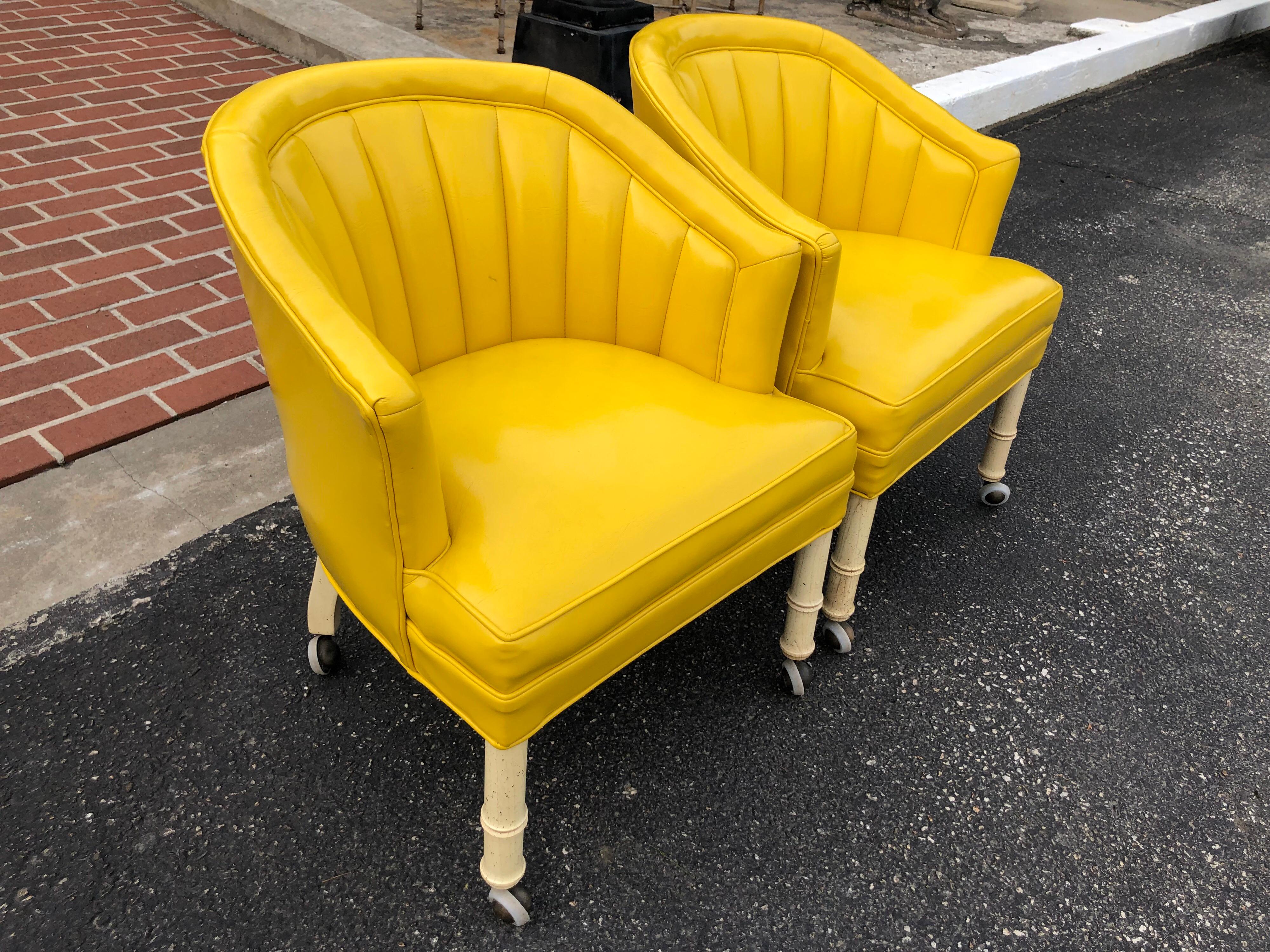 Hollywood Regency Pair of Bright Yellow Channel Back Chairs on Castors