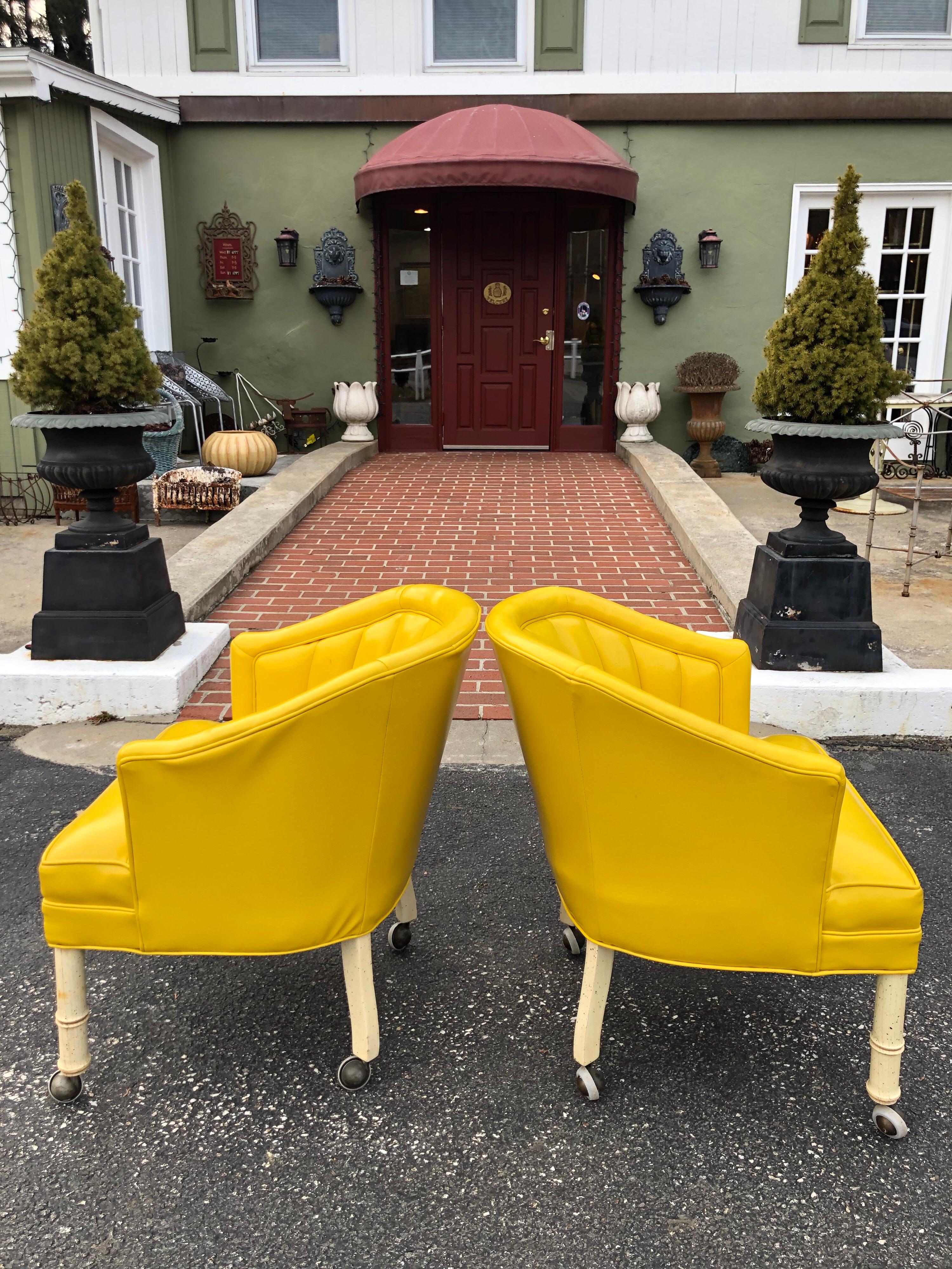 American Pair of Bright Yellow Channel Back Chairs on Castors