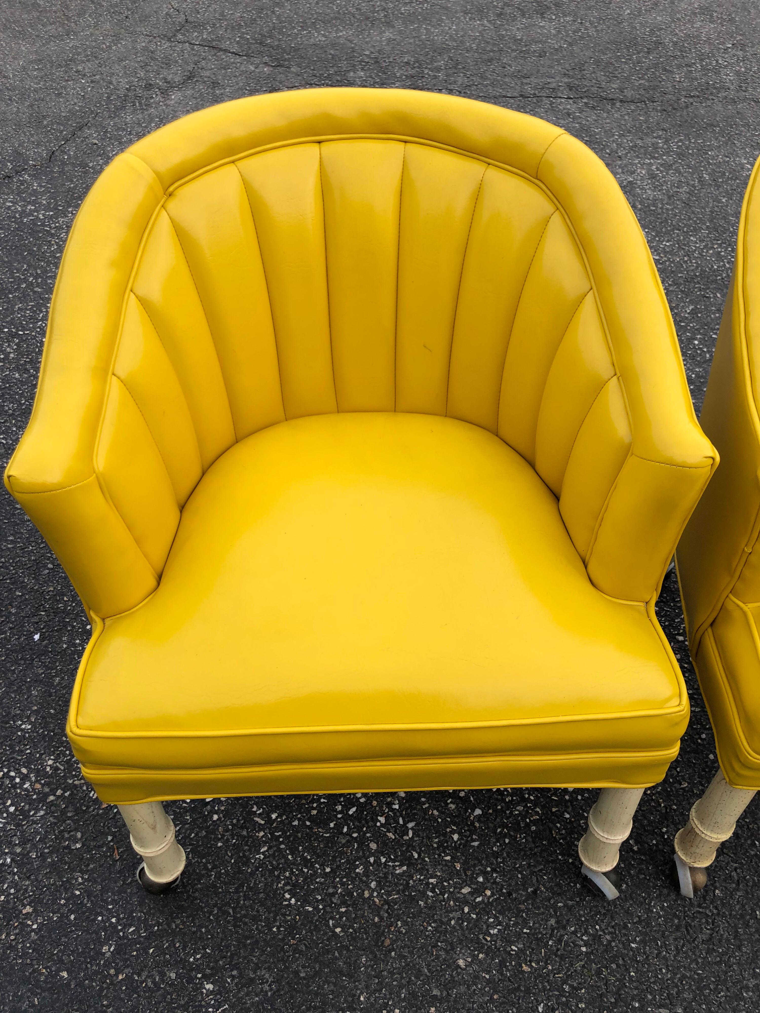 Pair of Bright Yellow Channel Back Chairs on Castors In Good Condition In Redding, CT