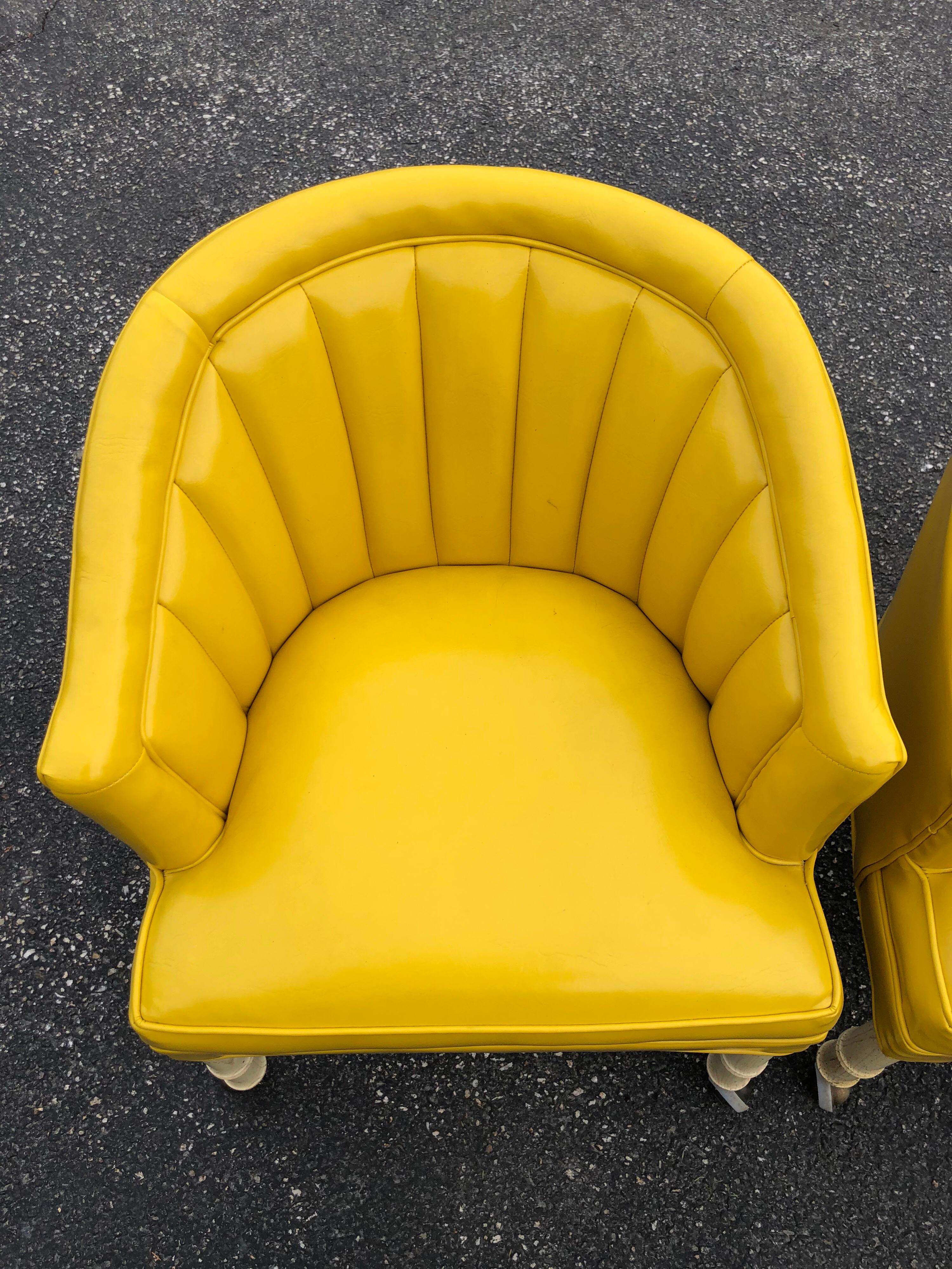 Late 20th Century Pair of Bright Yellow Channel Back Chairs on Castors
