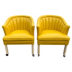 Pair of Bright Yellow Channel Back Chairs on Castors