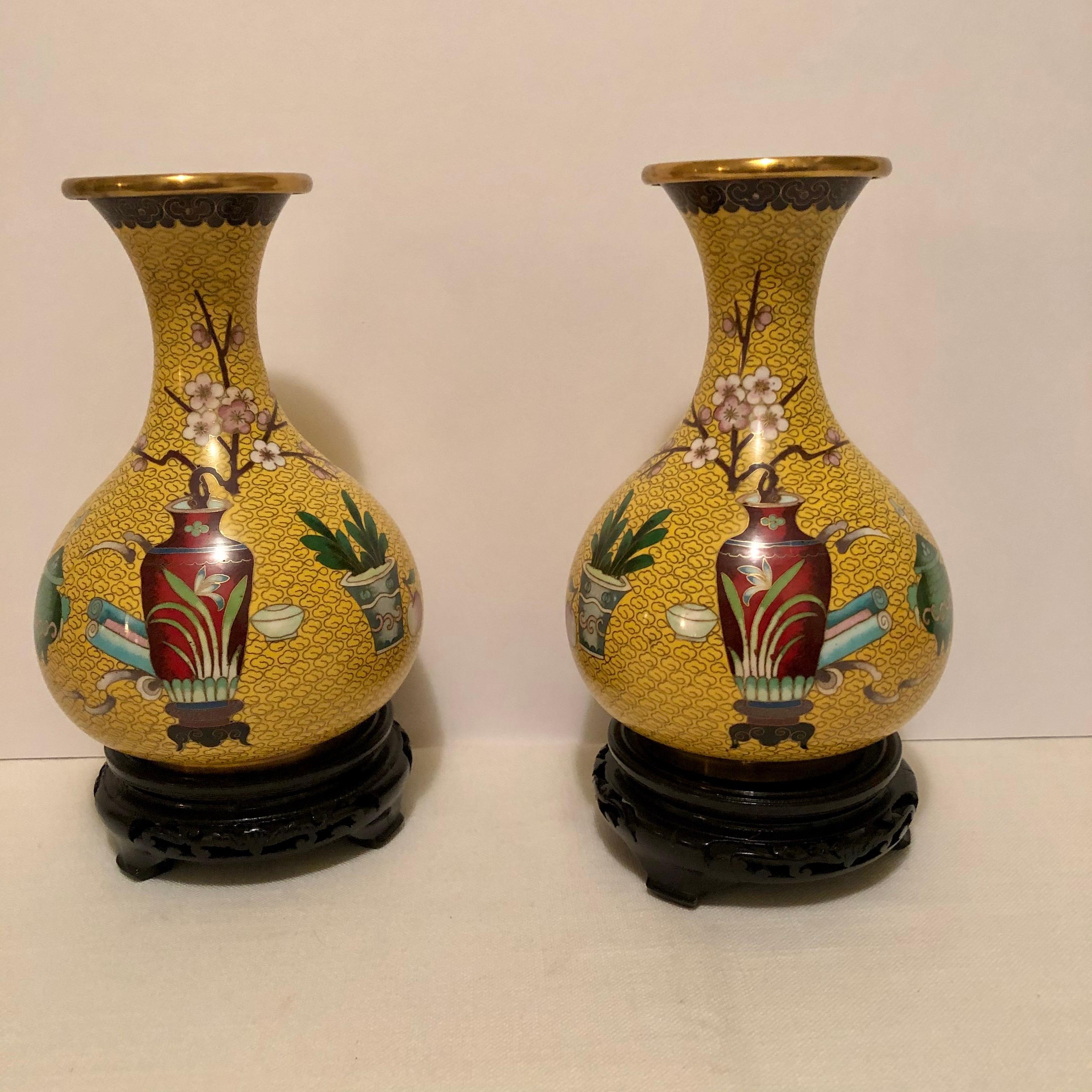 Chinoiserie Pair of Yellow Chinese Cloisonné Vases with a Chinese Red Vase & Prunus Flowers