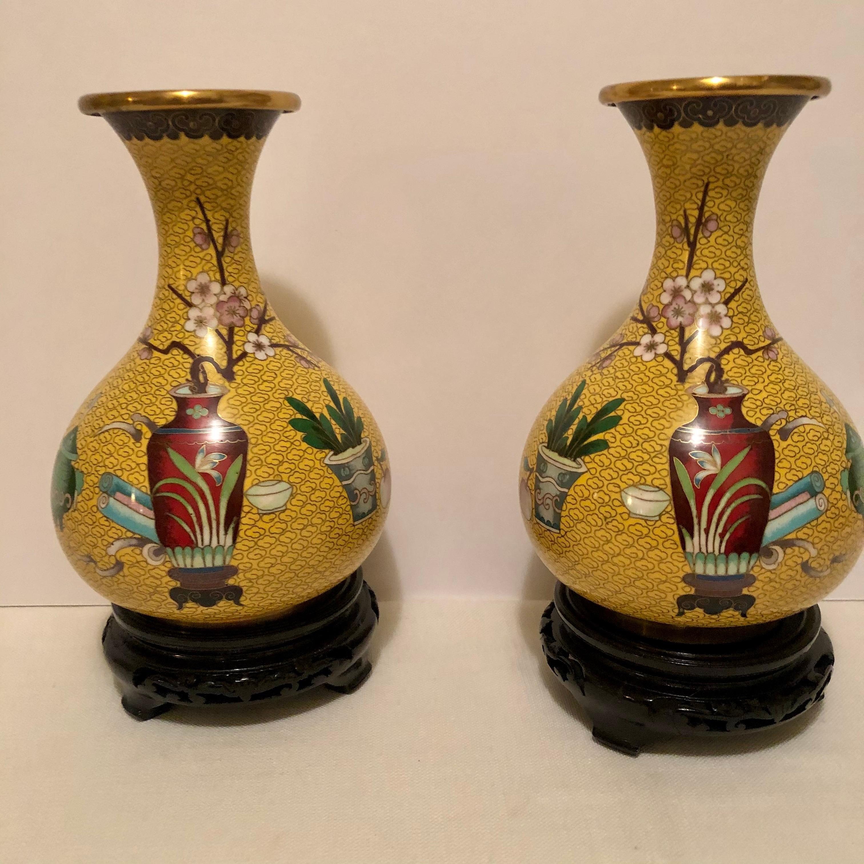 Cloissoné Pair of Yellow Chinese Cloisonné Vases with a Chinese Red Vase & Prunus Flowers