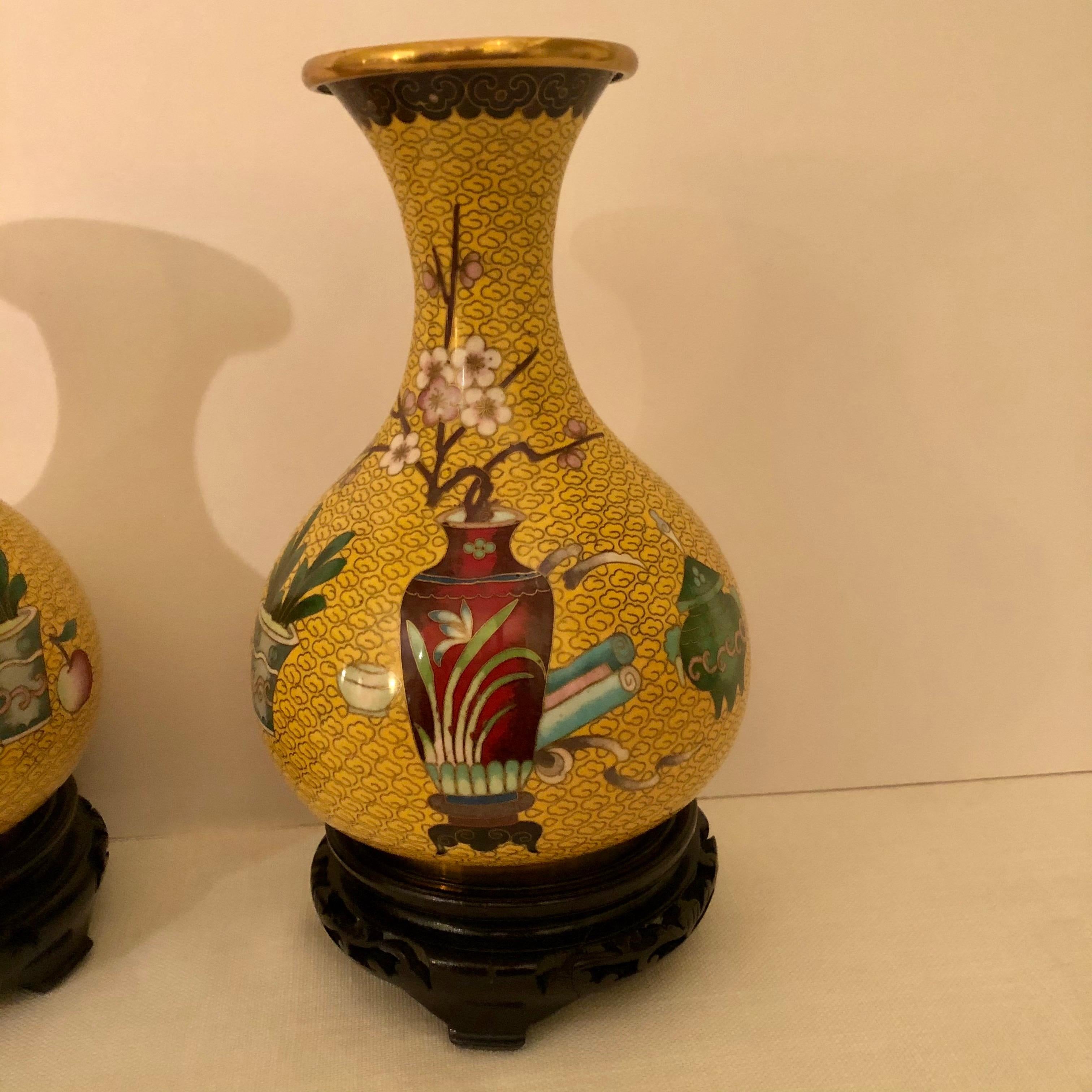 Pair of Yellow Chinese Cloisonné Vases with a Chinese Red Vase & Prunus Flowers In Good Condition In Boston, MA