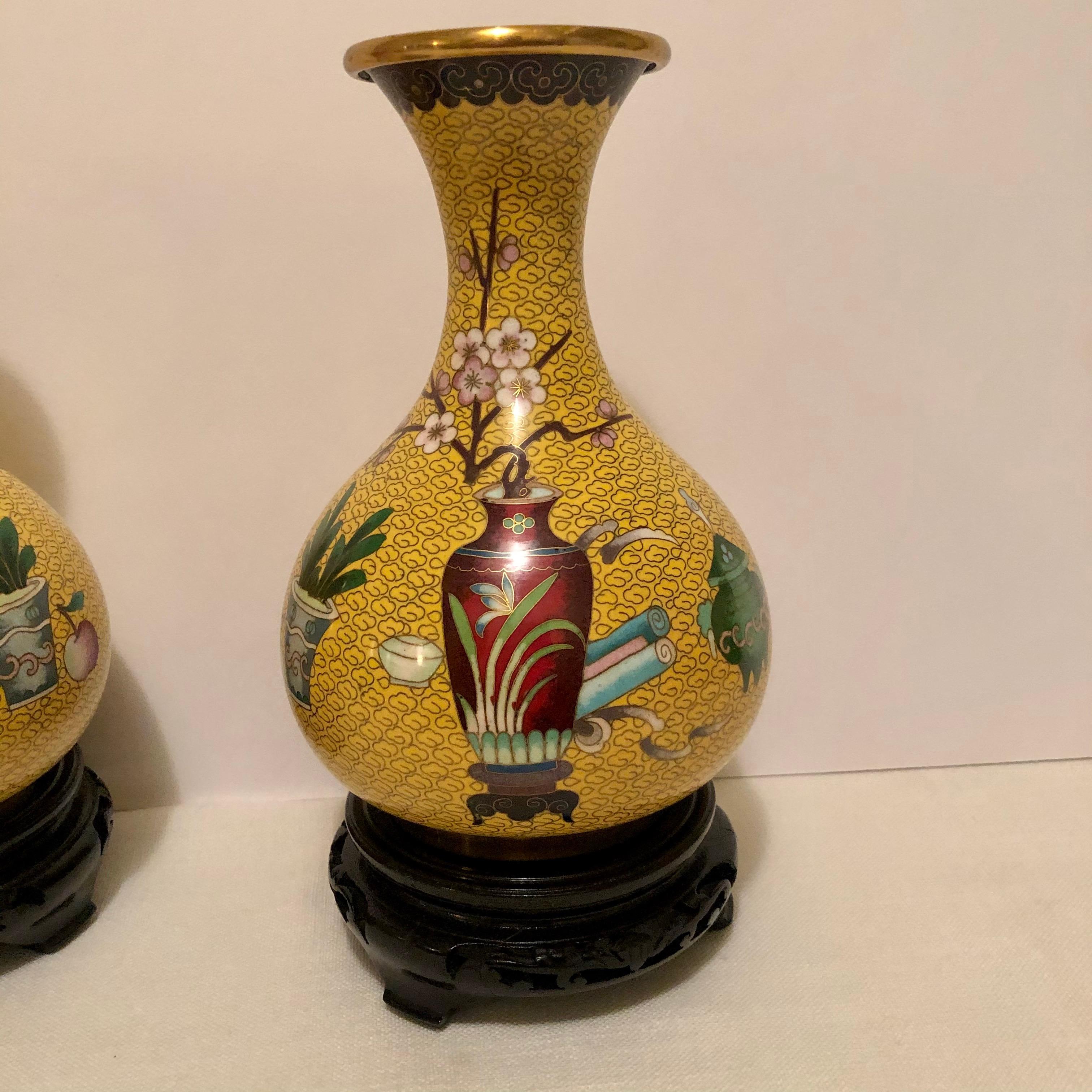 Late 20th Century Pair of Yellow Chinese Cloisonné Vases with a Chinese Red Vase & Prunus Flowers