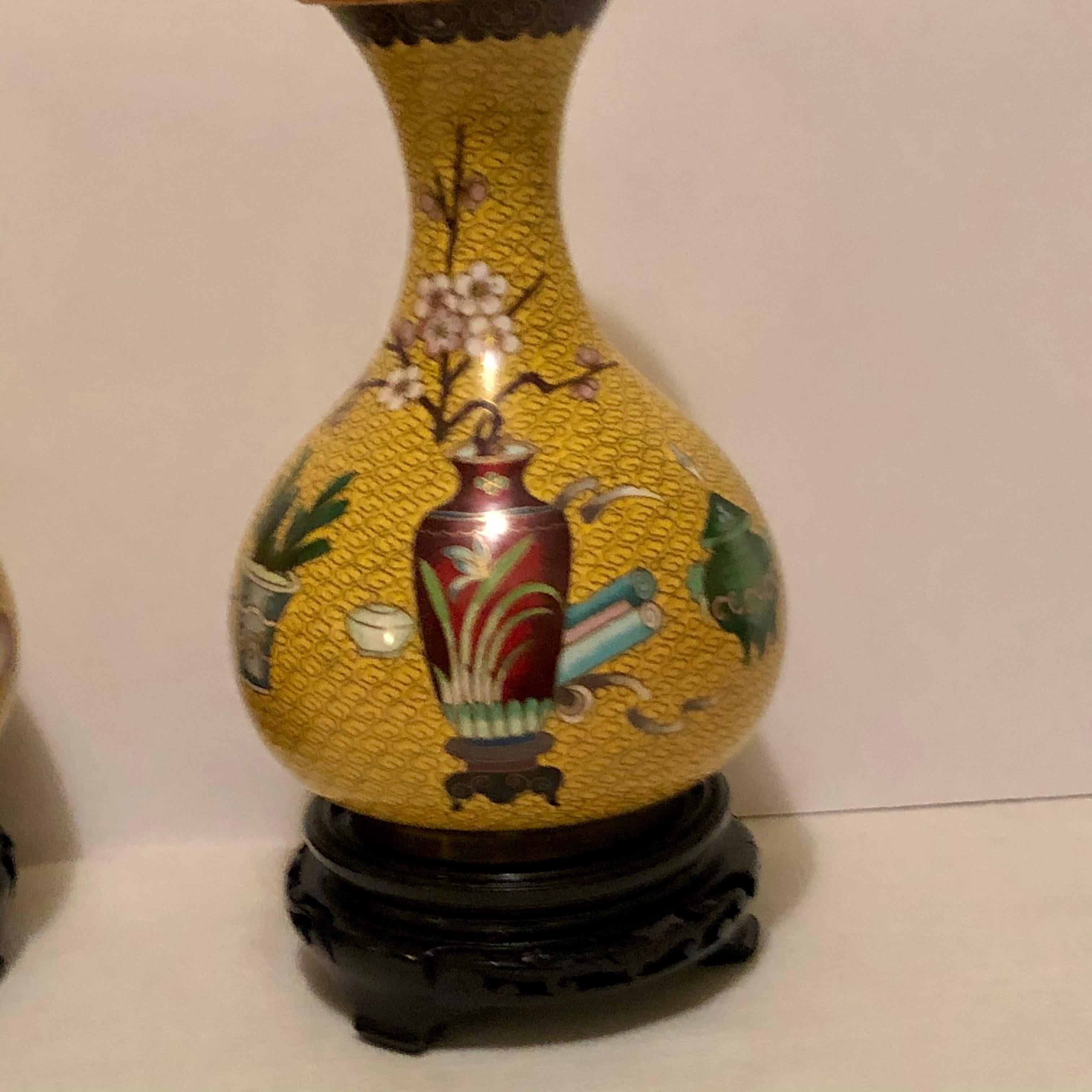 Enamel Pair of Yellow Chinese Cloisonné Vases with a Chinese Red Vase & Prunus Flowers