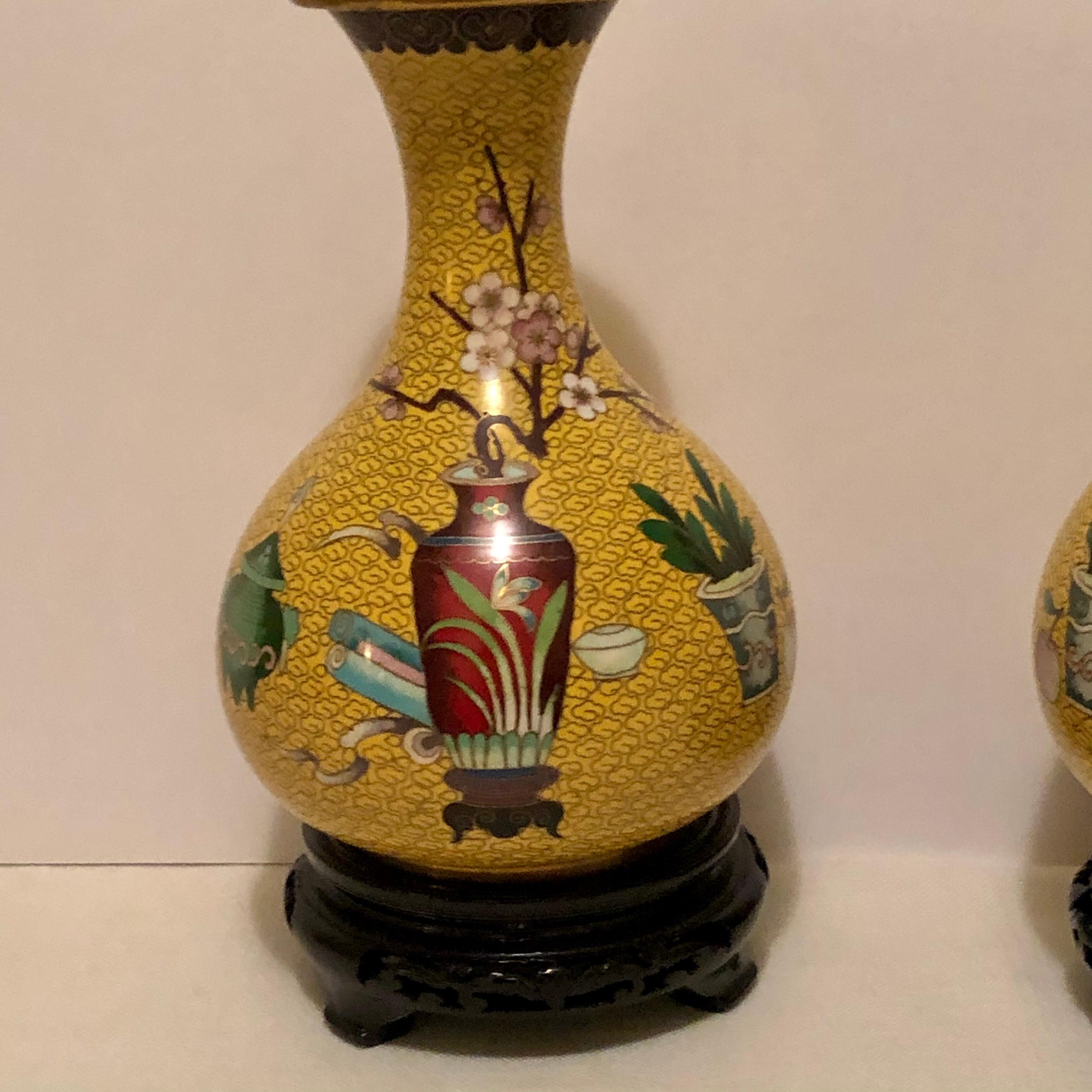 Pair of Yellow Chinese Cloisonné Vases with a Chinese Red Vase & Prunus Flowers 1