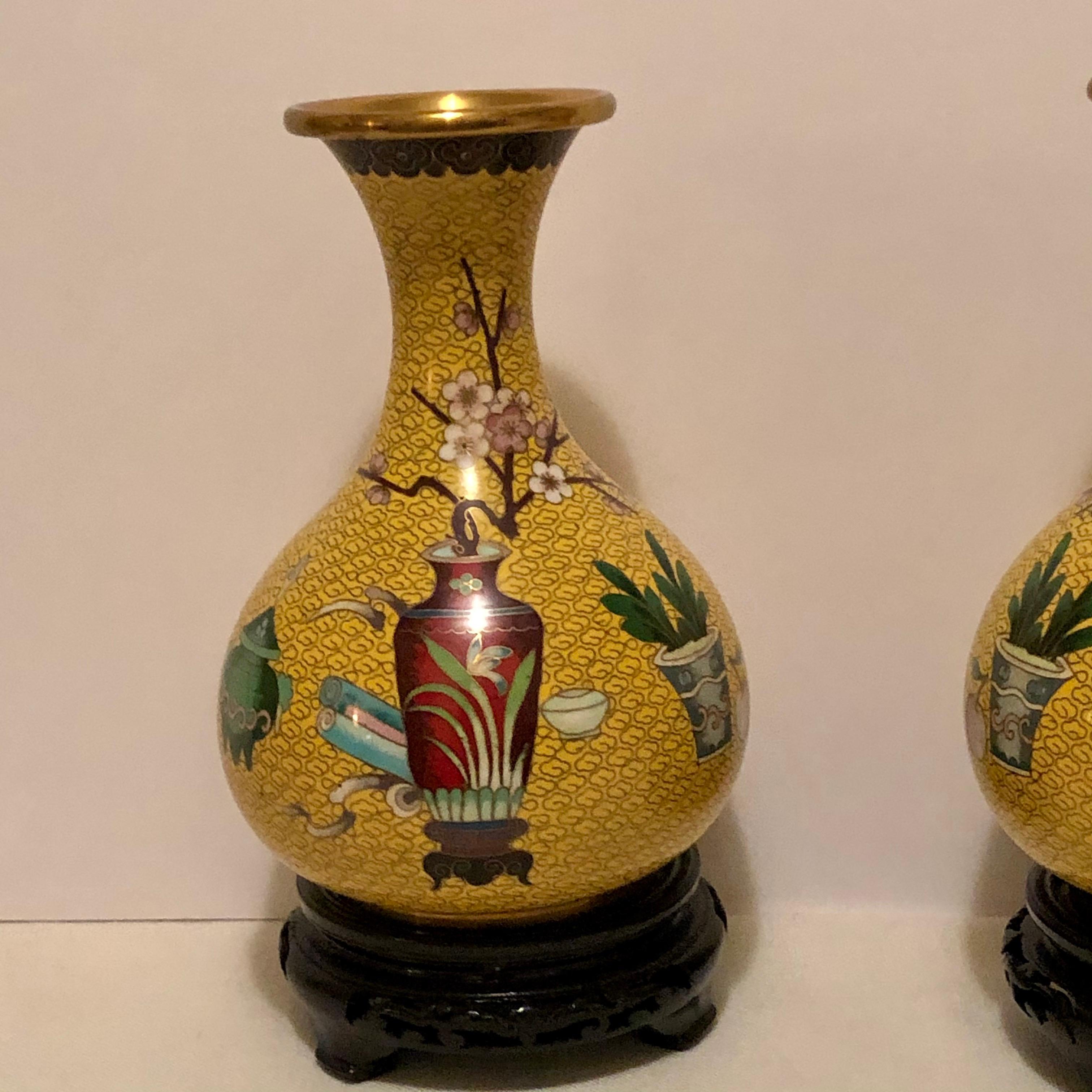 Pair of Yellow Chinese Cloisonné Vases with a Chinese Red Vase & Prunus Flowers 2