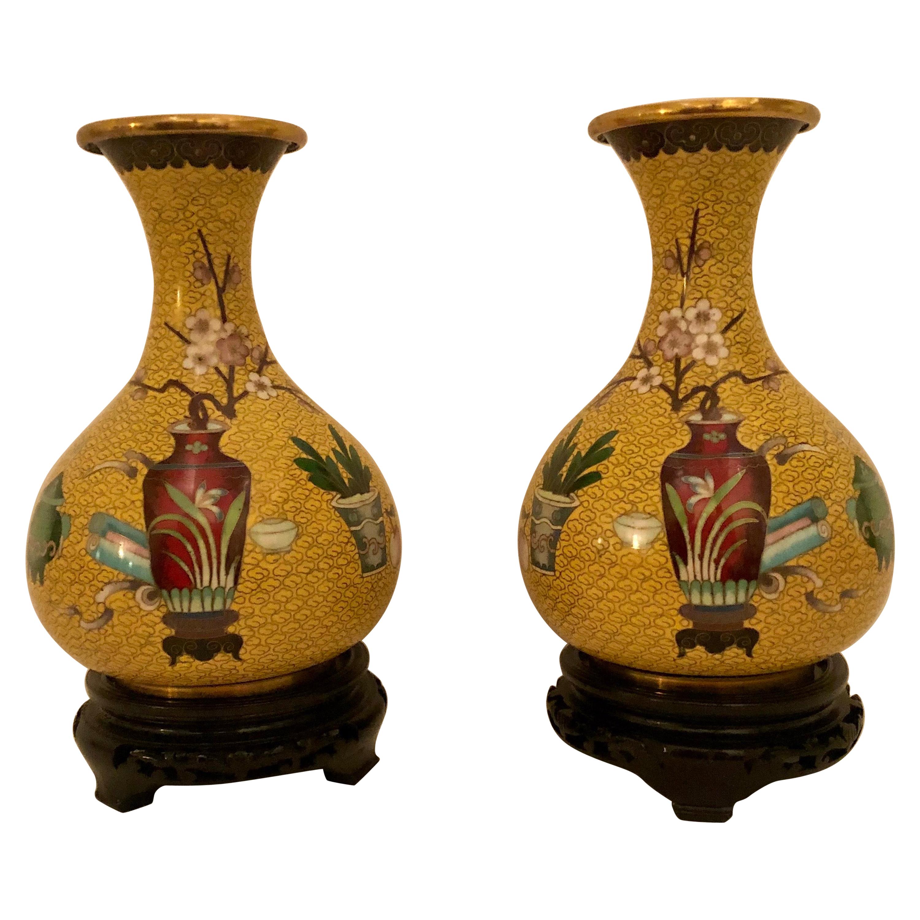 Pair of Yellow Chinese Cloisonné Vases with a Chinese Red Vase & Prunus Flowers