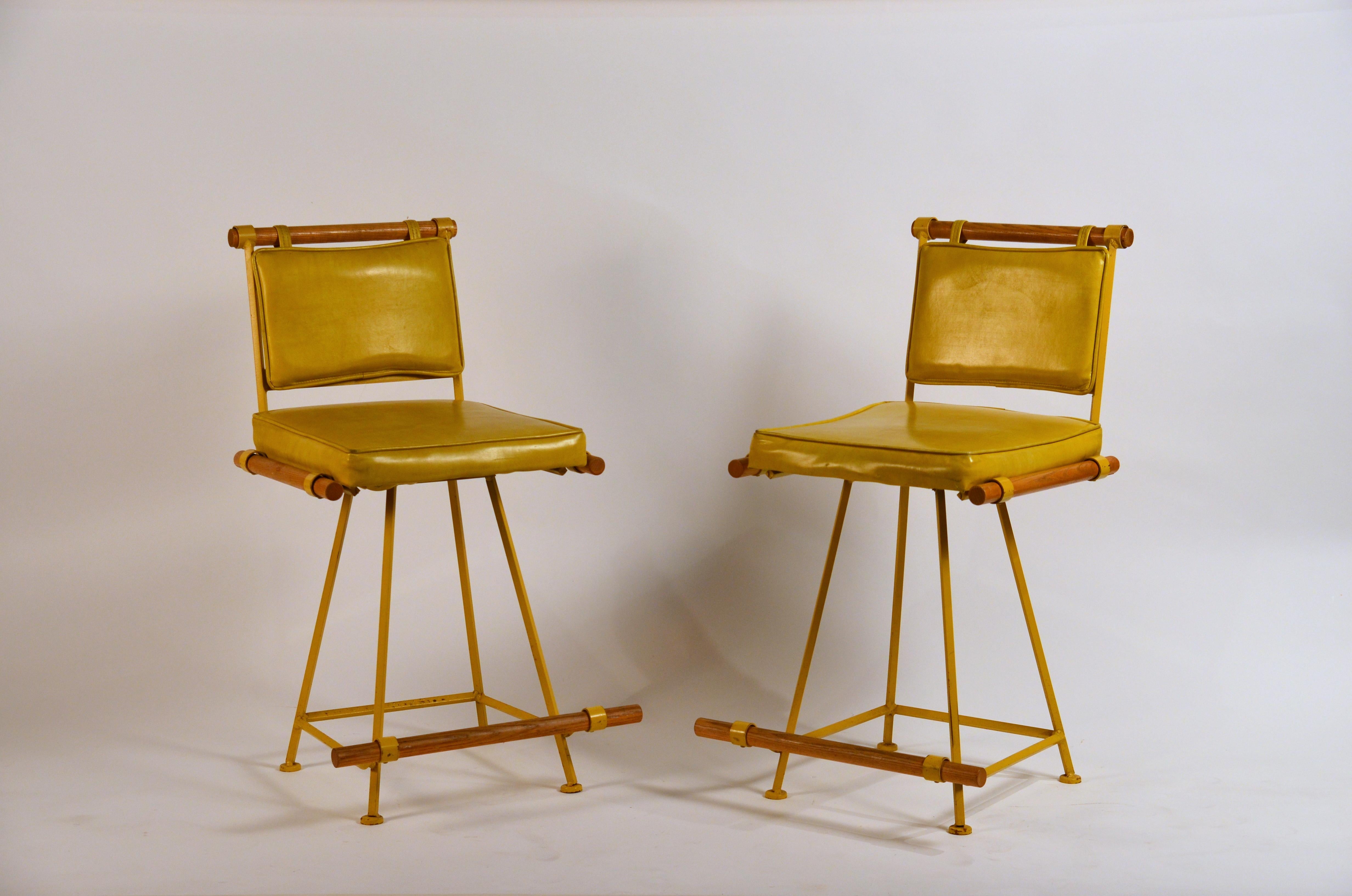 Painted Pair of Yellow Cleo Baldon Swiveling Counter Stools
