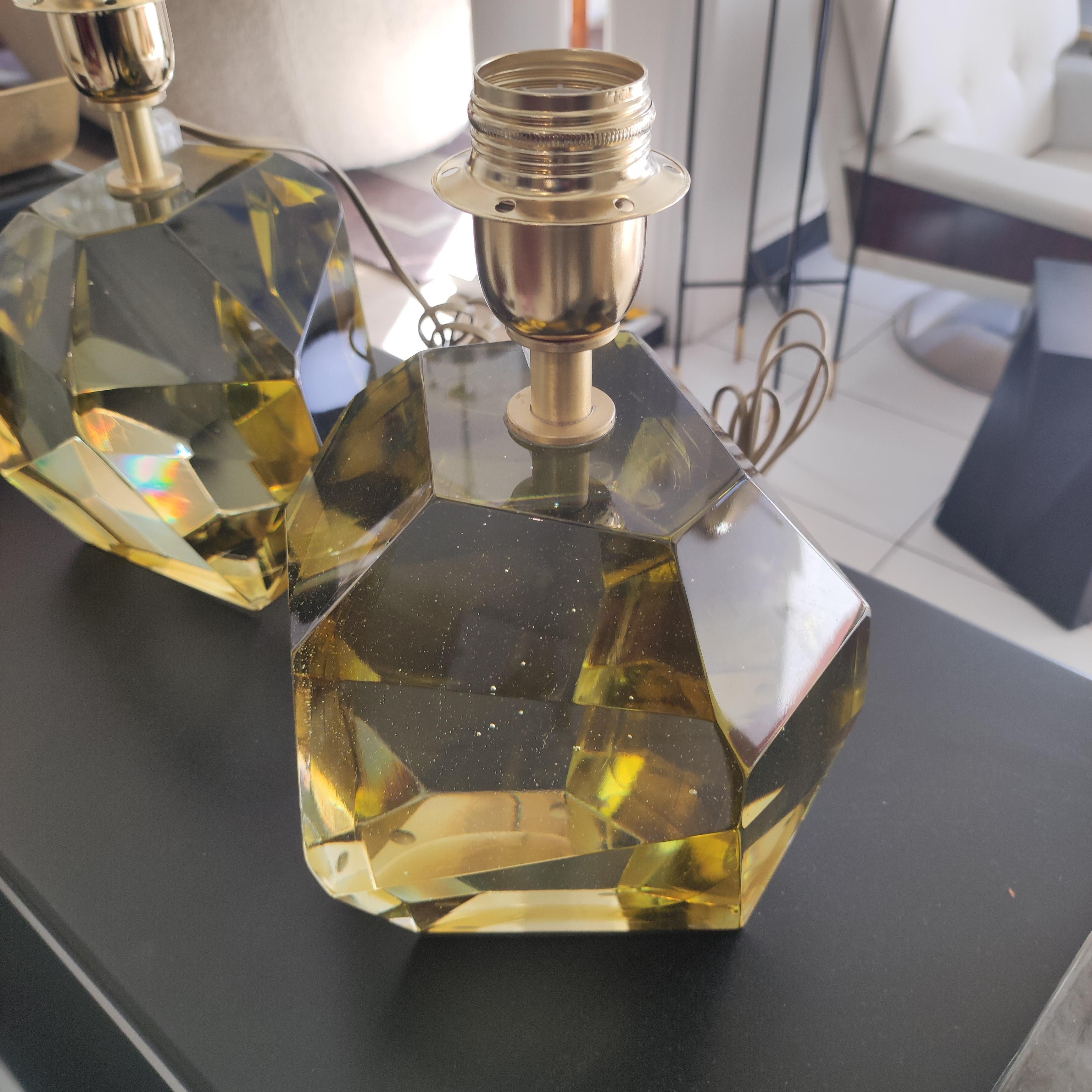 Pair of yellow Crystal Faceted Table Lamps For Sale 6