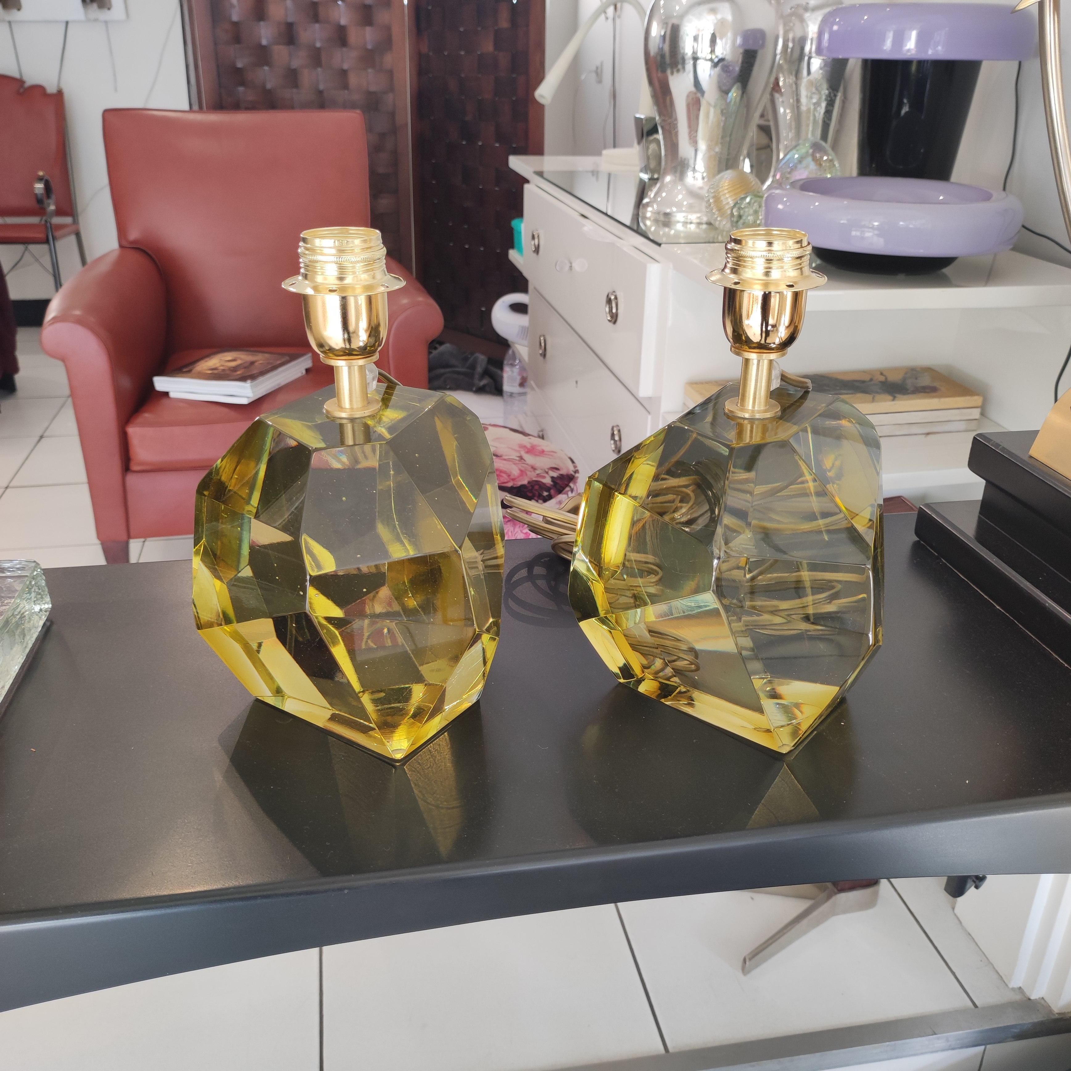Modern Pair of yellow Crystal Faceted Table Lamps For Sale