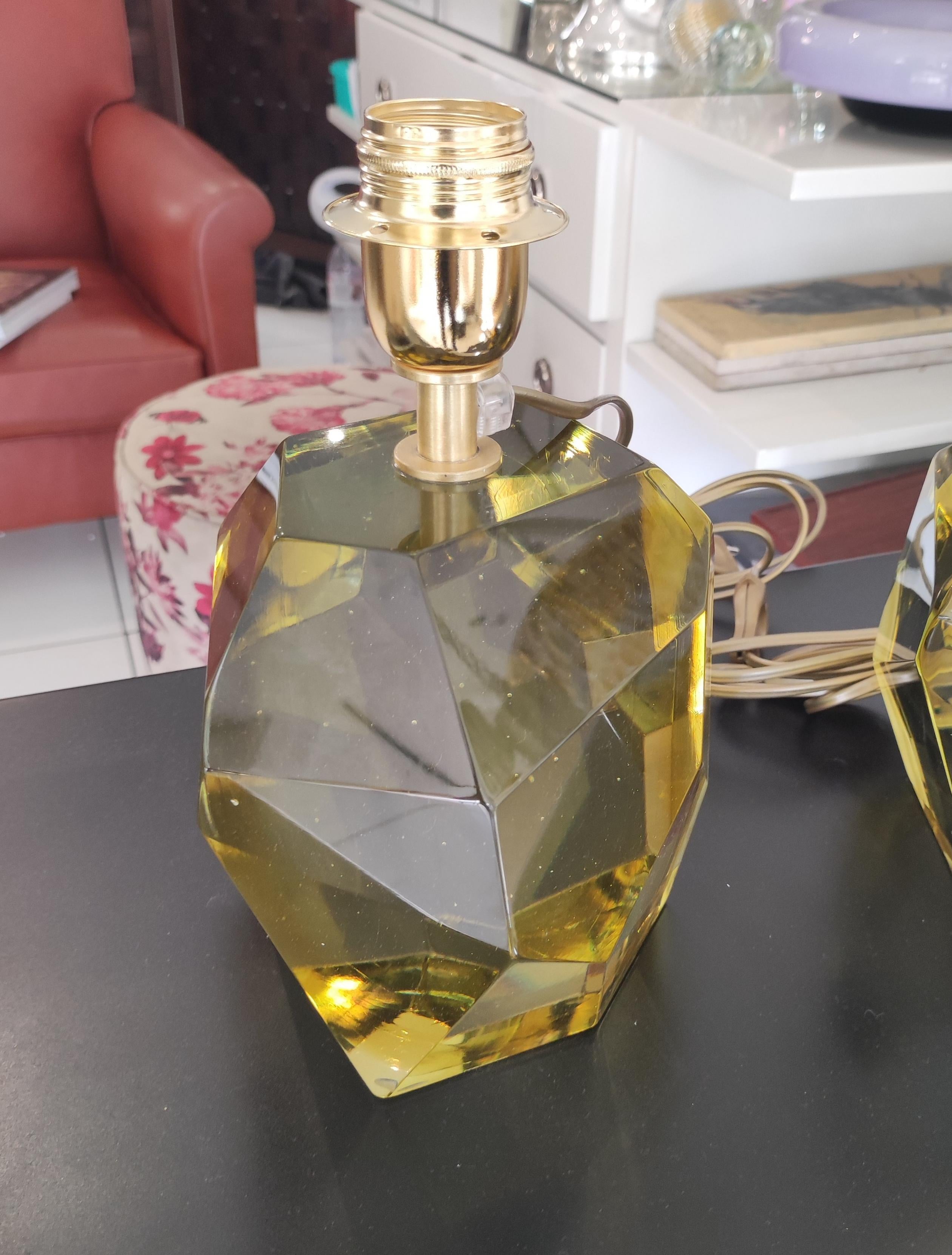 Pair of yellow Crystal Faceted Table Lamps For Sale 2