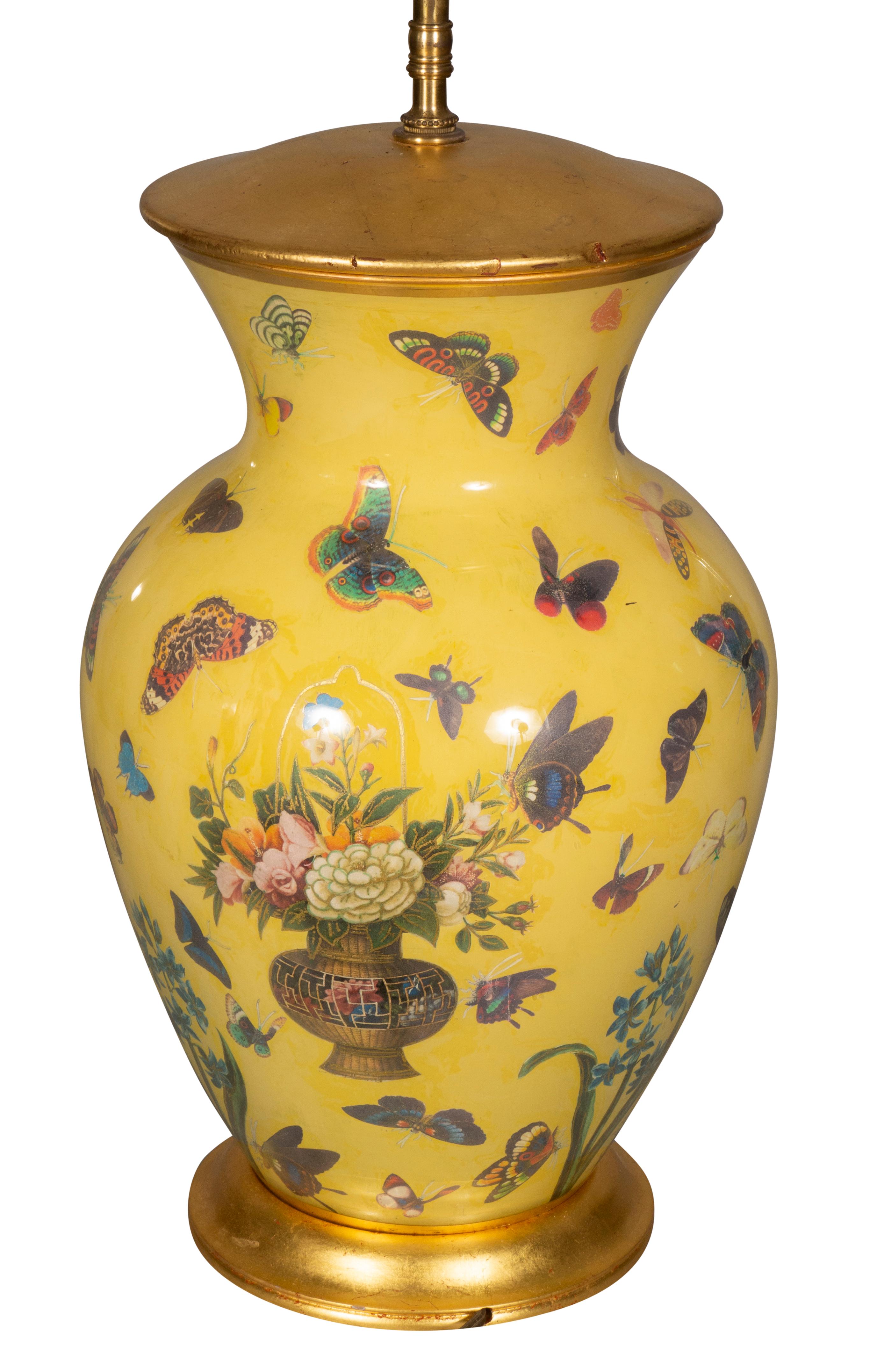 Pair of Yellow Decoupage Table Lamps For Sale 4