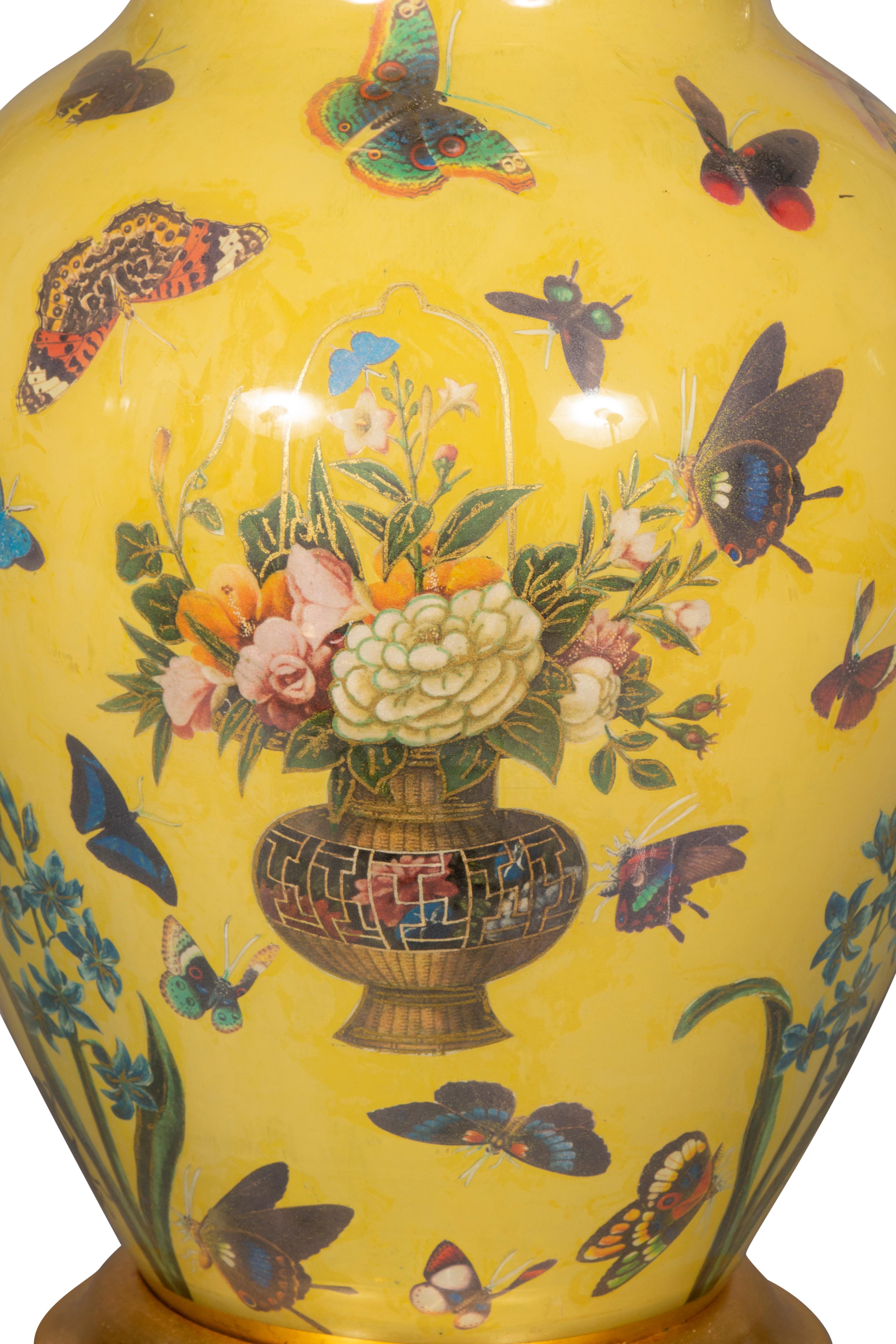 Pair of Yellow Decoupage Table Lamps For Sale 5